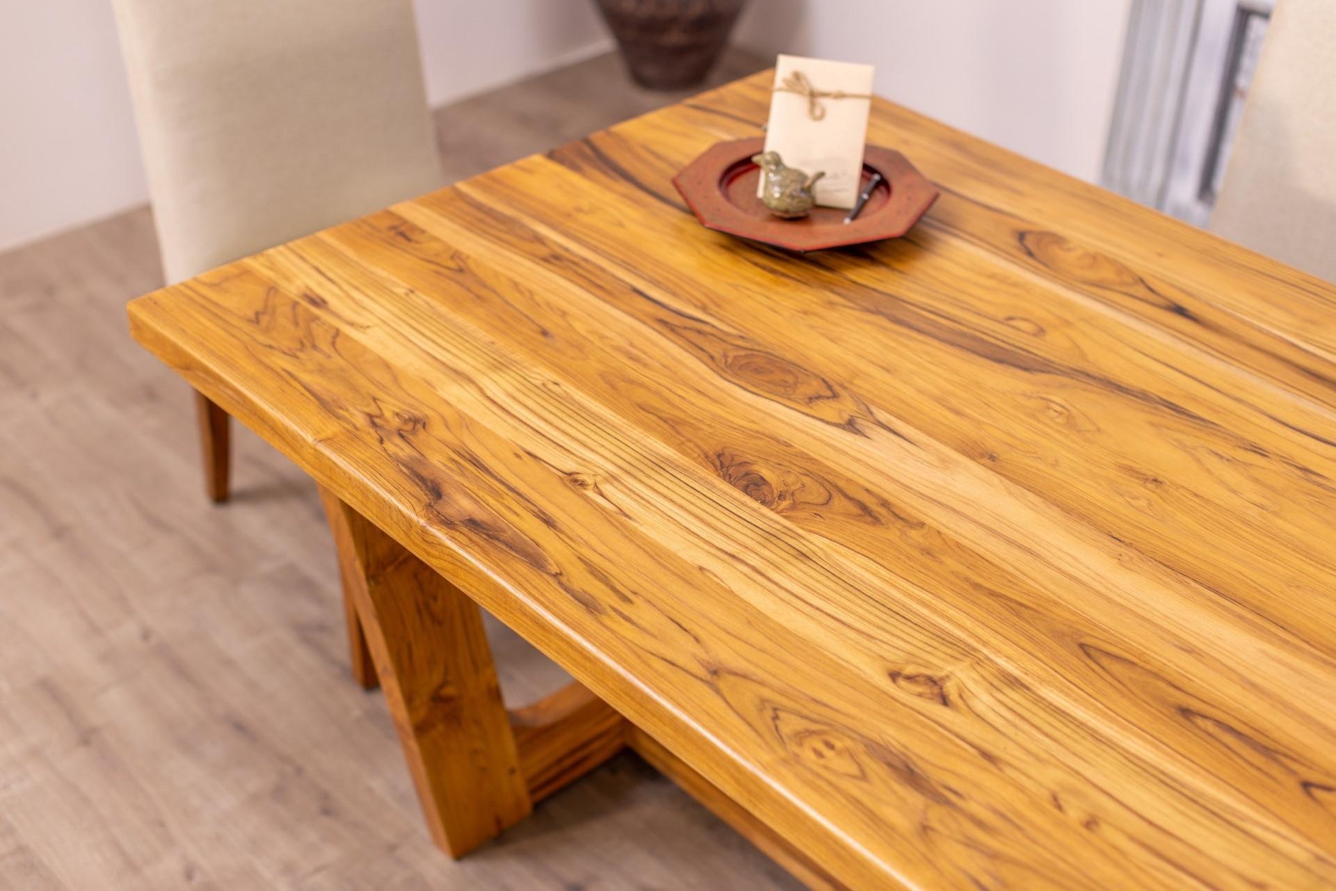 Hand-Crafted Solid Hardwood Contemporary Trestle Dining Table in a Smooth Natural Teak Finish For Sale