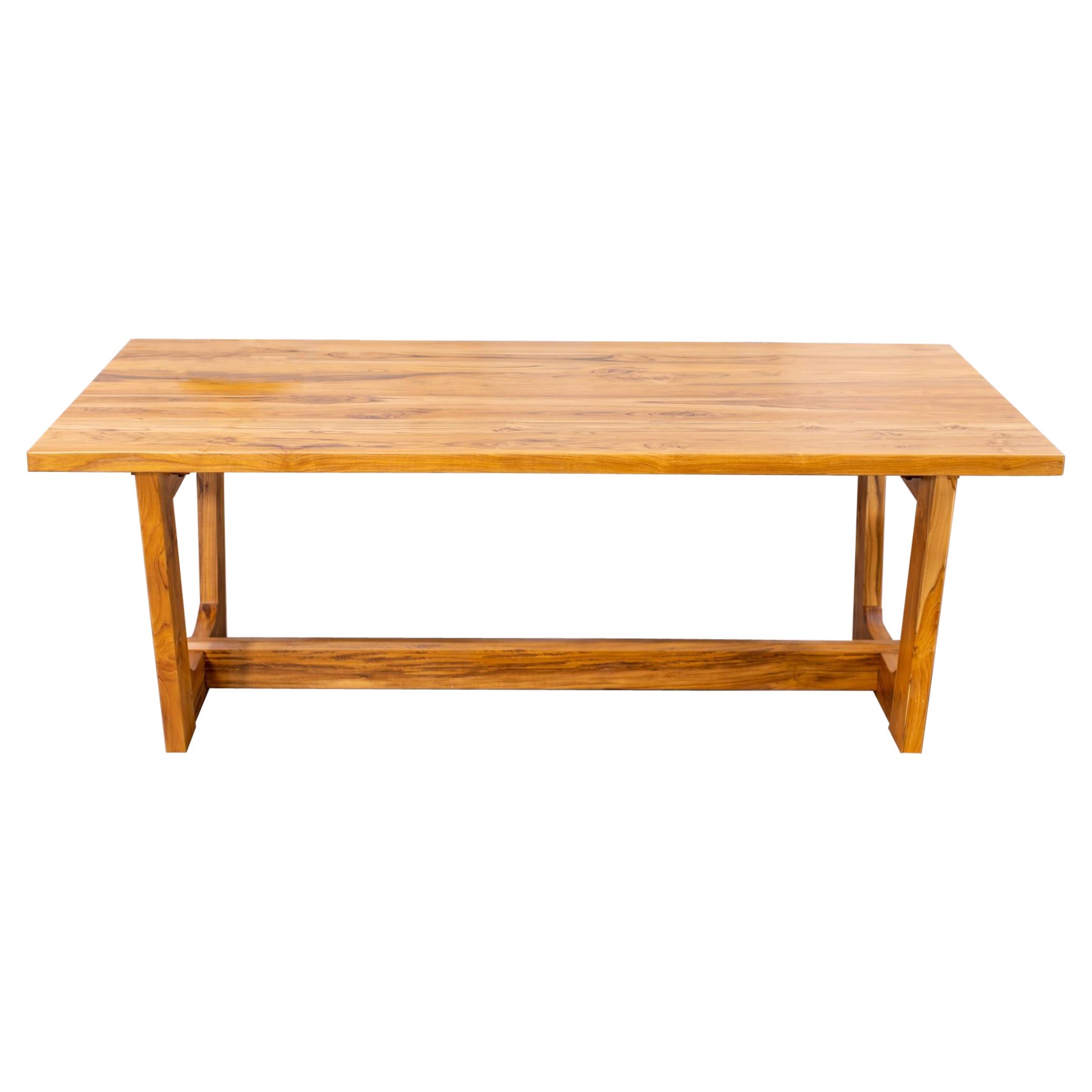 Solid Hardwood Contemporary Trestle Dining Table in a Smooth Natural Teak Finish For Sale