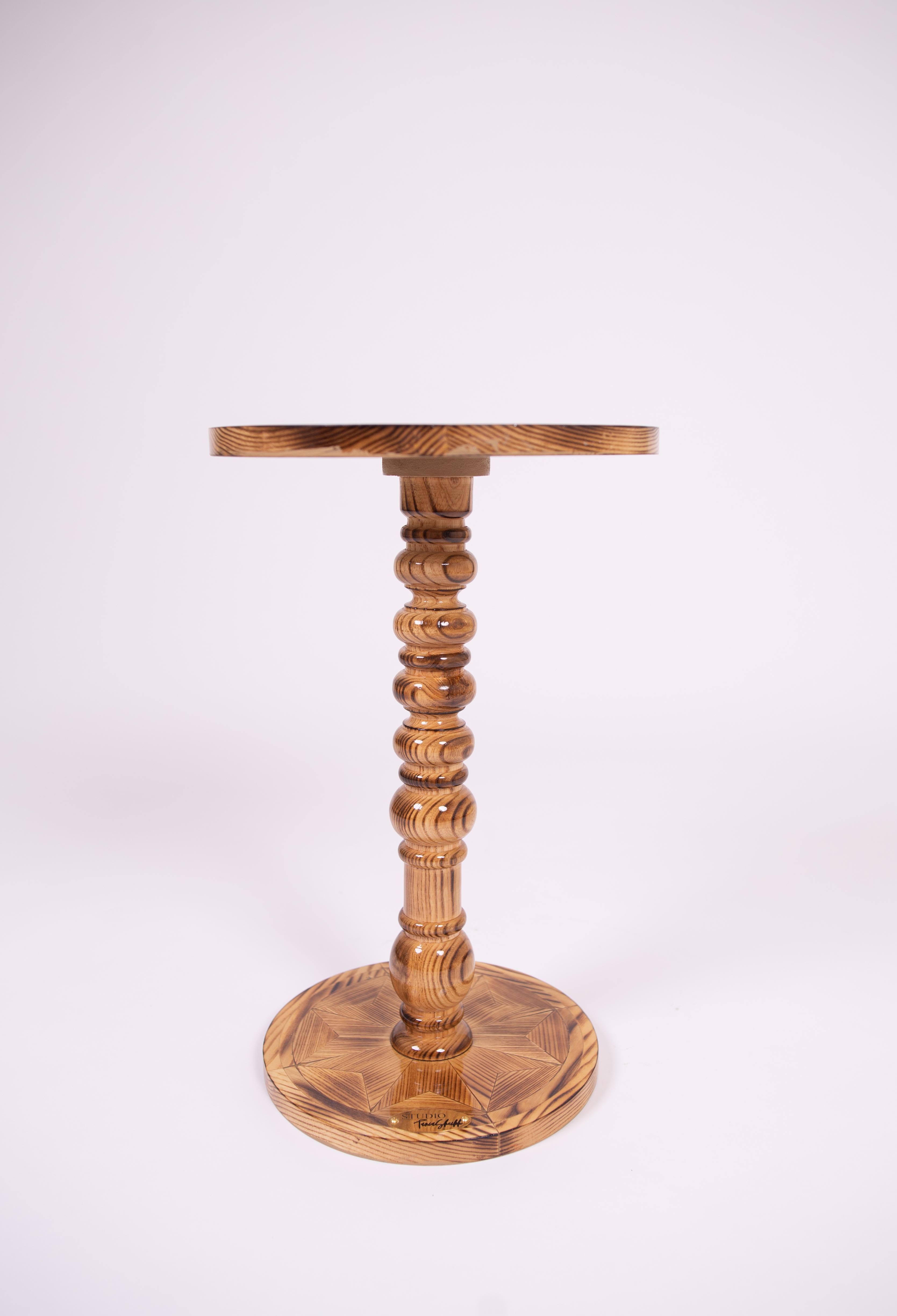 American Craftsman Solid Hardwood Round End Table - Marquetry Inlay - Charred Finish For Sale