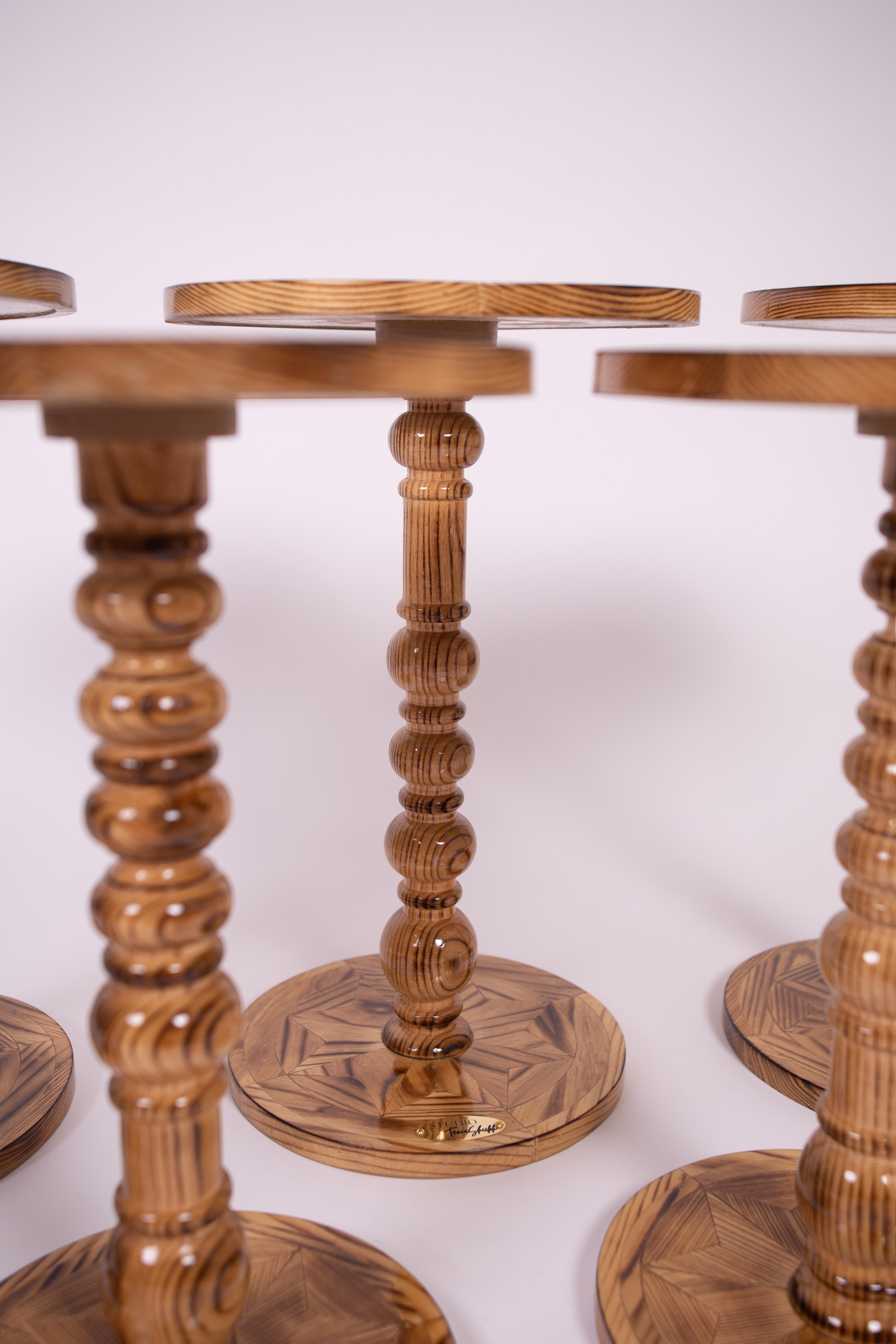 Brass Solid Hardwood Round End Table - Marquetry Inlay - Charred Finish For Sale