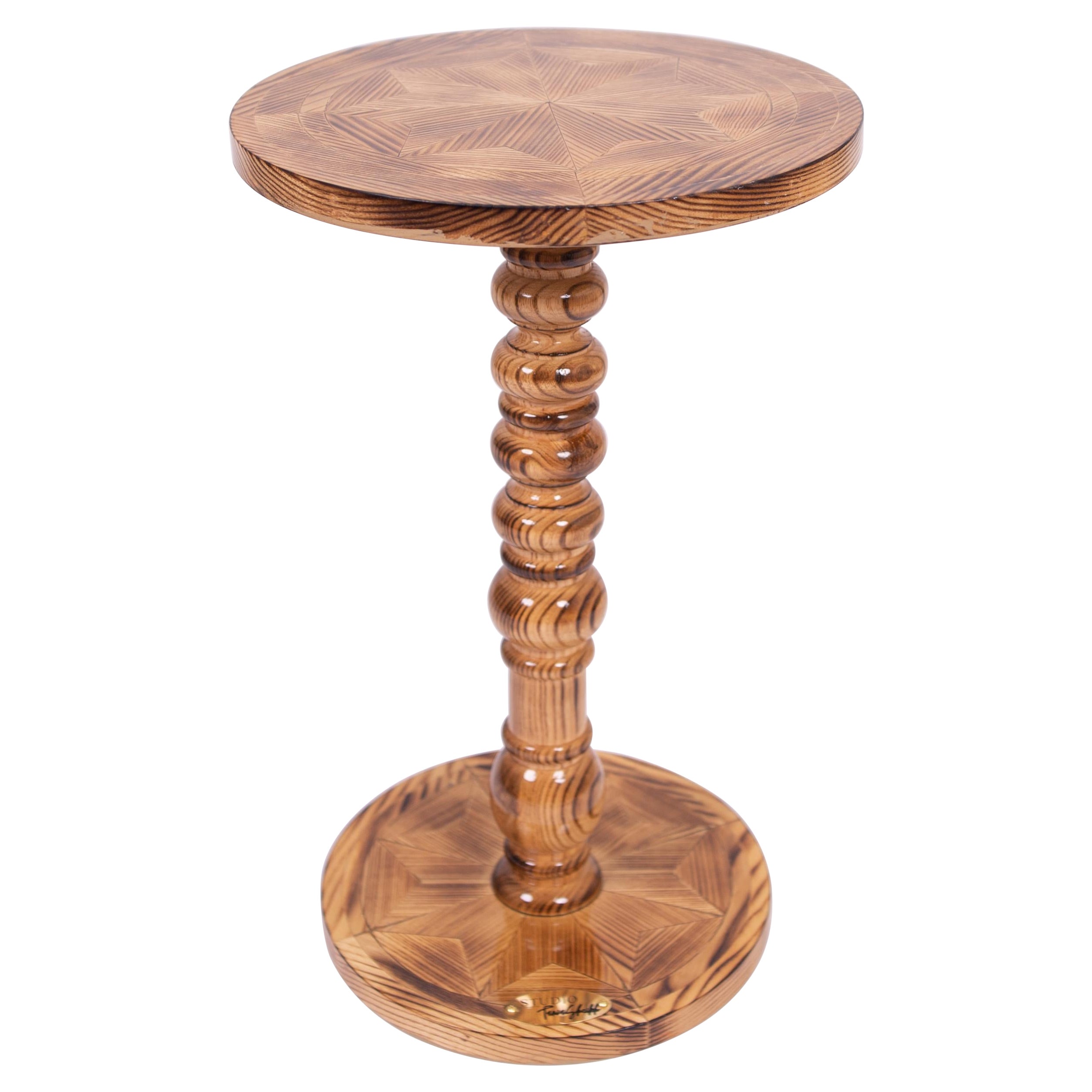Solid Hardwood Round End Table - Marquetry Inlay - Charred Finish