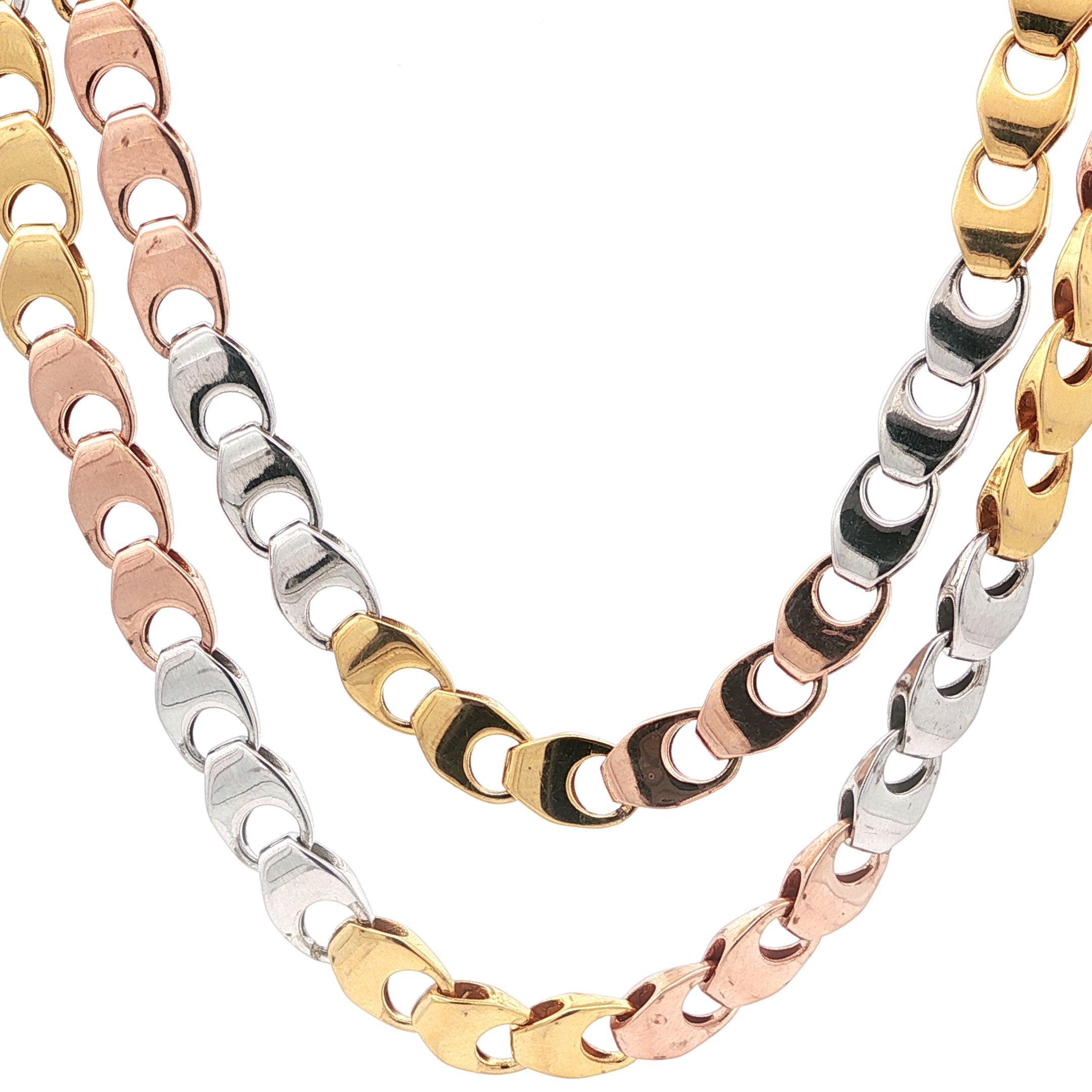 Collar de cadena de eslabones de fantasía de oro macizo tricolor de 14 quilates y acabado pulido de 24 pulgadas en Excelente estado para la venta en Montclair, NJ