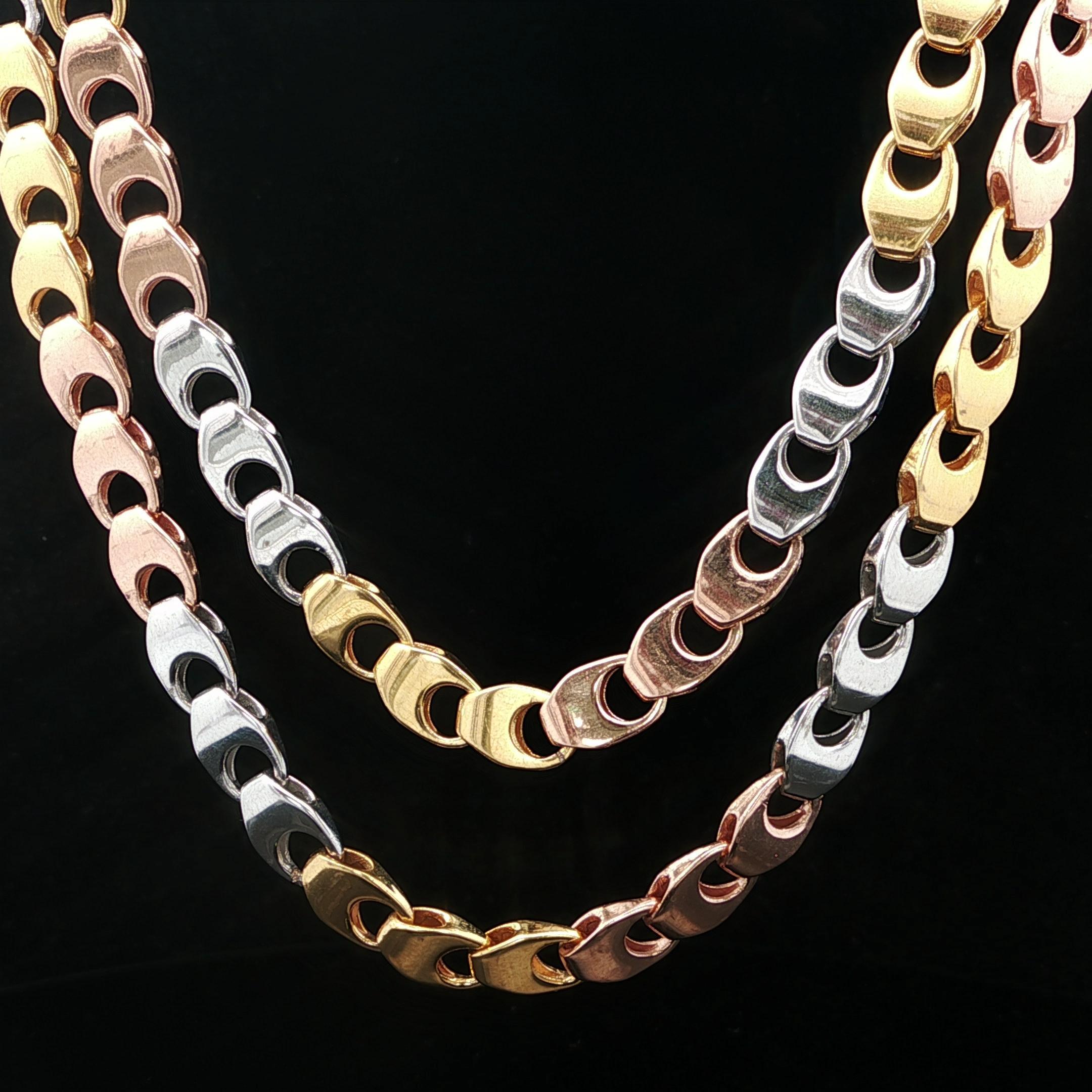 Femenino o masculino Collar de cadena de eslabones de fantasía de oro macizo tricolor de 14 quilates y acabado pulido de 24 pulgadas en venta