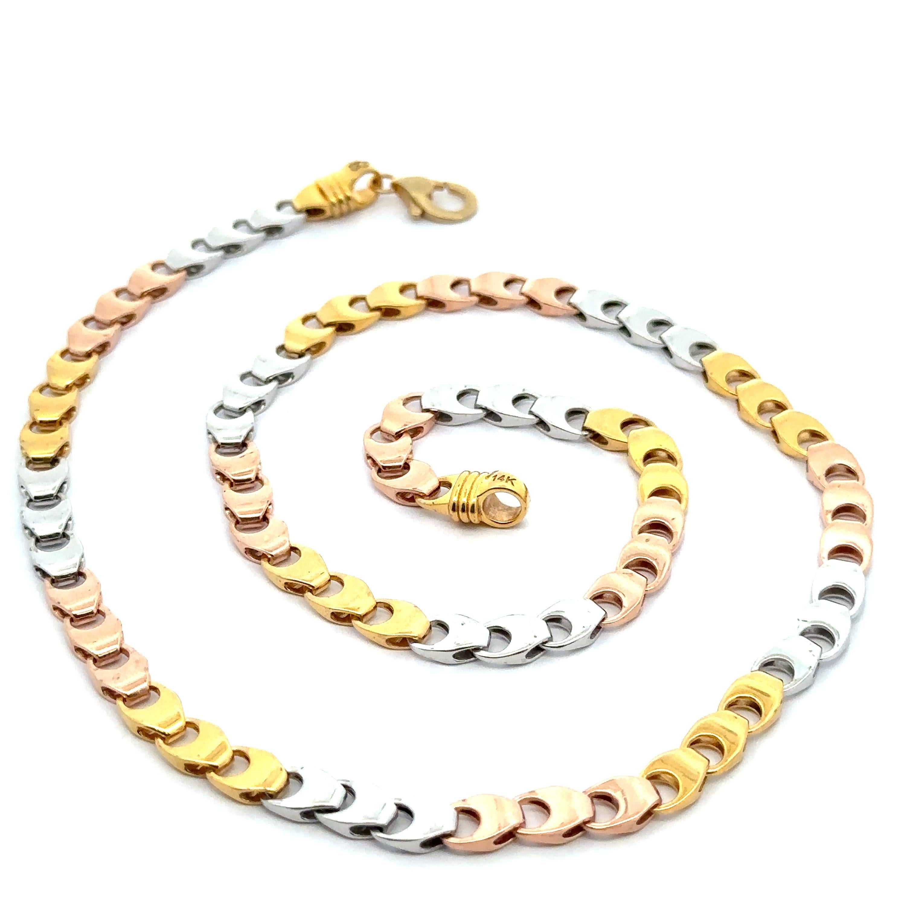 Collar de cadena de eslabones de fantasía de oro macizo tricolor de 14 quilates y acabado pulido de 24 pulgadas en venta 1
