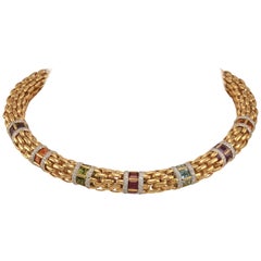 Solid Heavy 18 Karat Gold Multi-Color Gemstone Choker Necklace