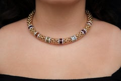 Solid Heavy 18 Karat Gold Multi-Color Gemstone Choker Necklace
