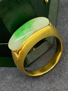 Solid & Heavy 24K Yellow Gold Jadeite Saddle Mens' Band Ring. Oriental Hallmark.