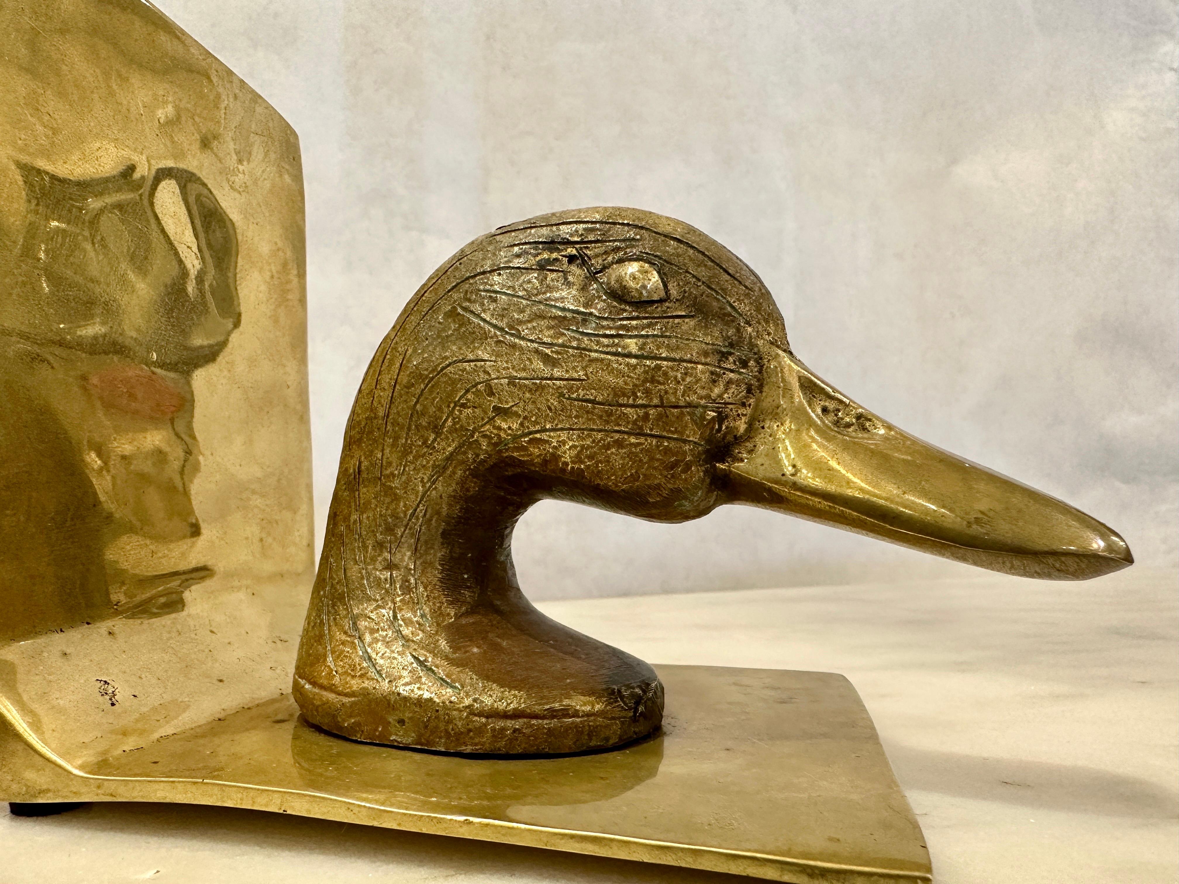 Solid Heavy Brass Vintage Mallard Bookends In Good Condition For Sale In East Hampton, NY