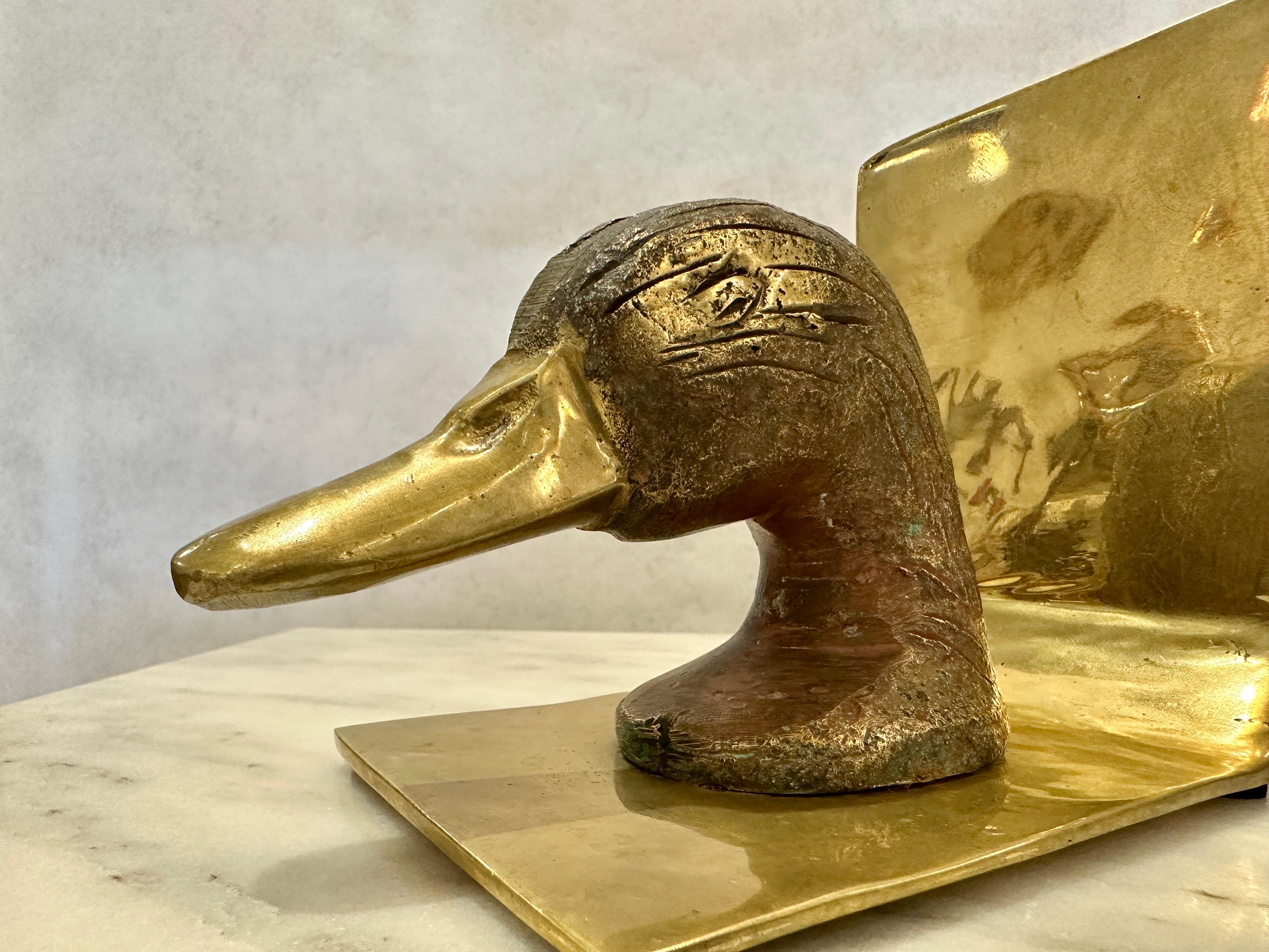Mid-20th Century Solid Heavy Brass Vintage Mallard Bookends For Sale