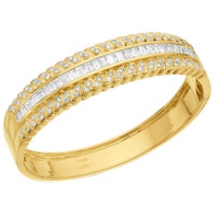 Solid, Heavy, Wide, Cuff, 18 Carat Gold Round and Baguette Diamonds Set Bangle