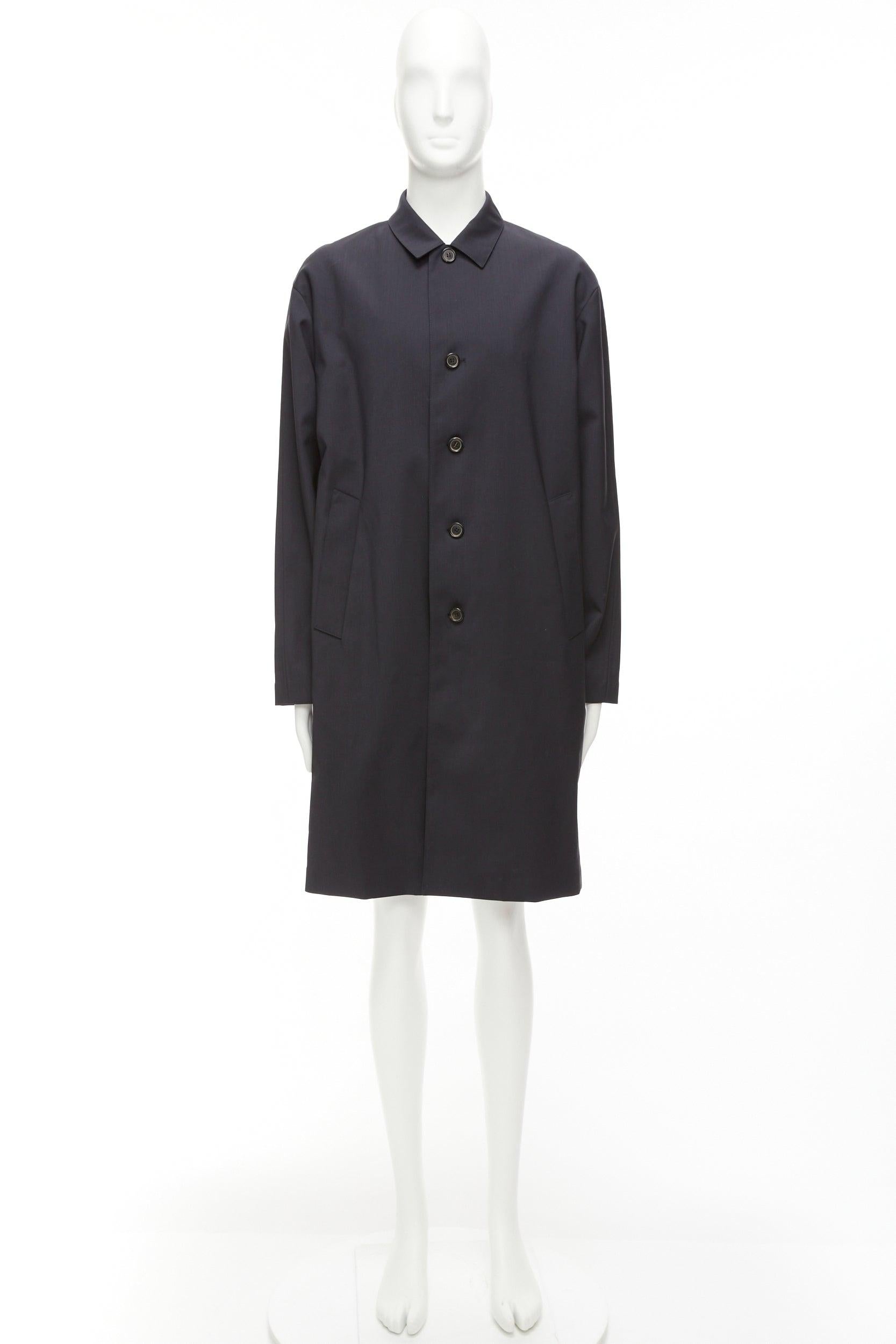 SOLID HOMME black 100% wool taped lining longline minimal rain coat IT48 M In Excellent Condition For Sale In Hong Kong, NT