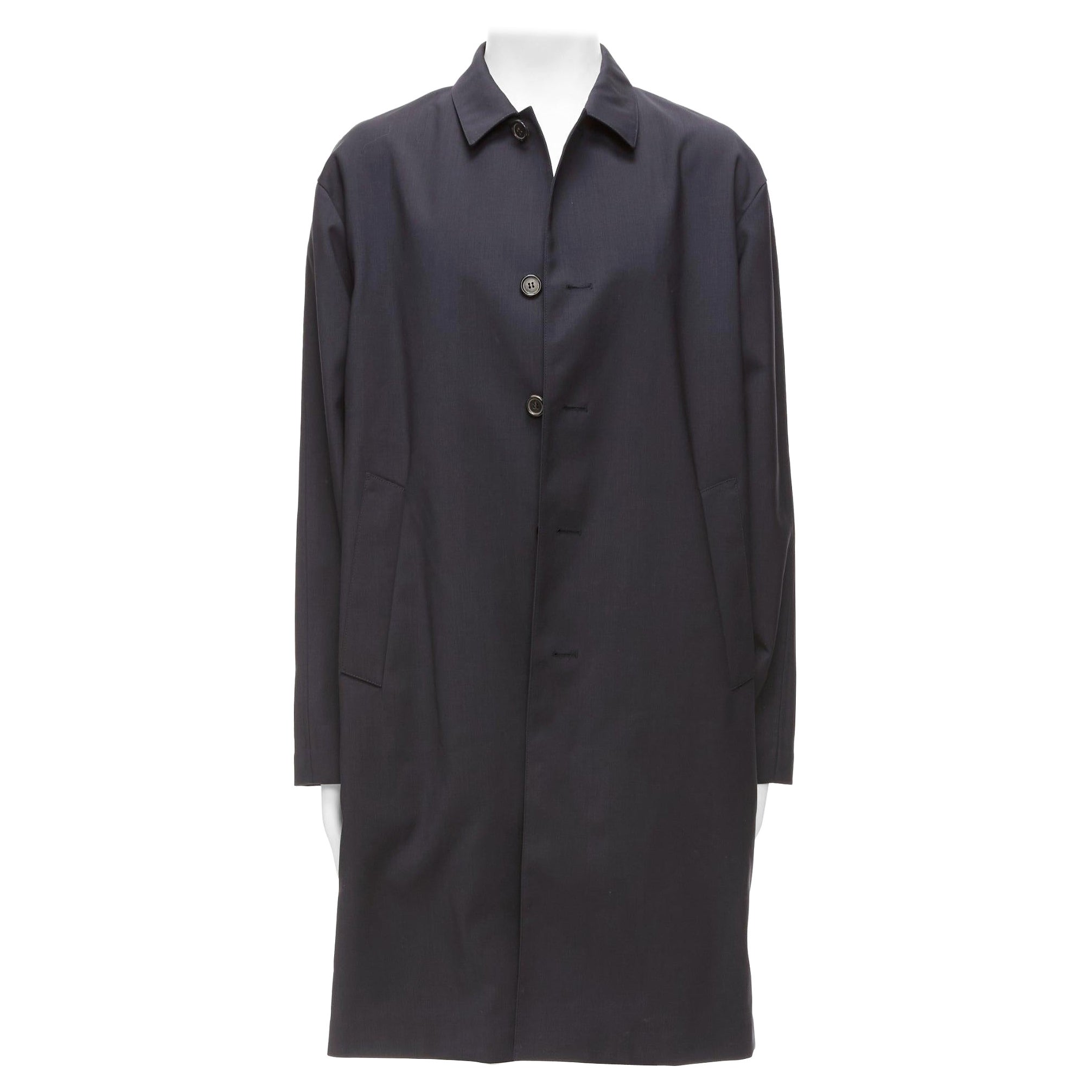 SOLID HOMME nero 100% lana fodera nastrata cappotto antipioggia longline minimal IT48 M