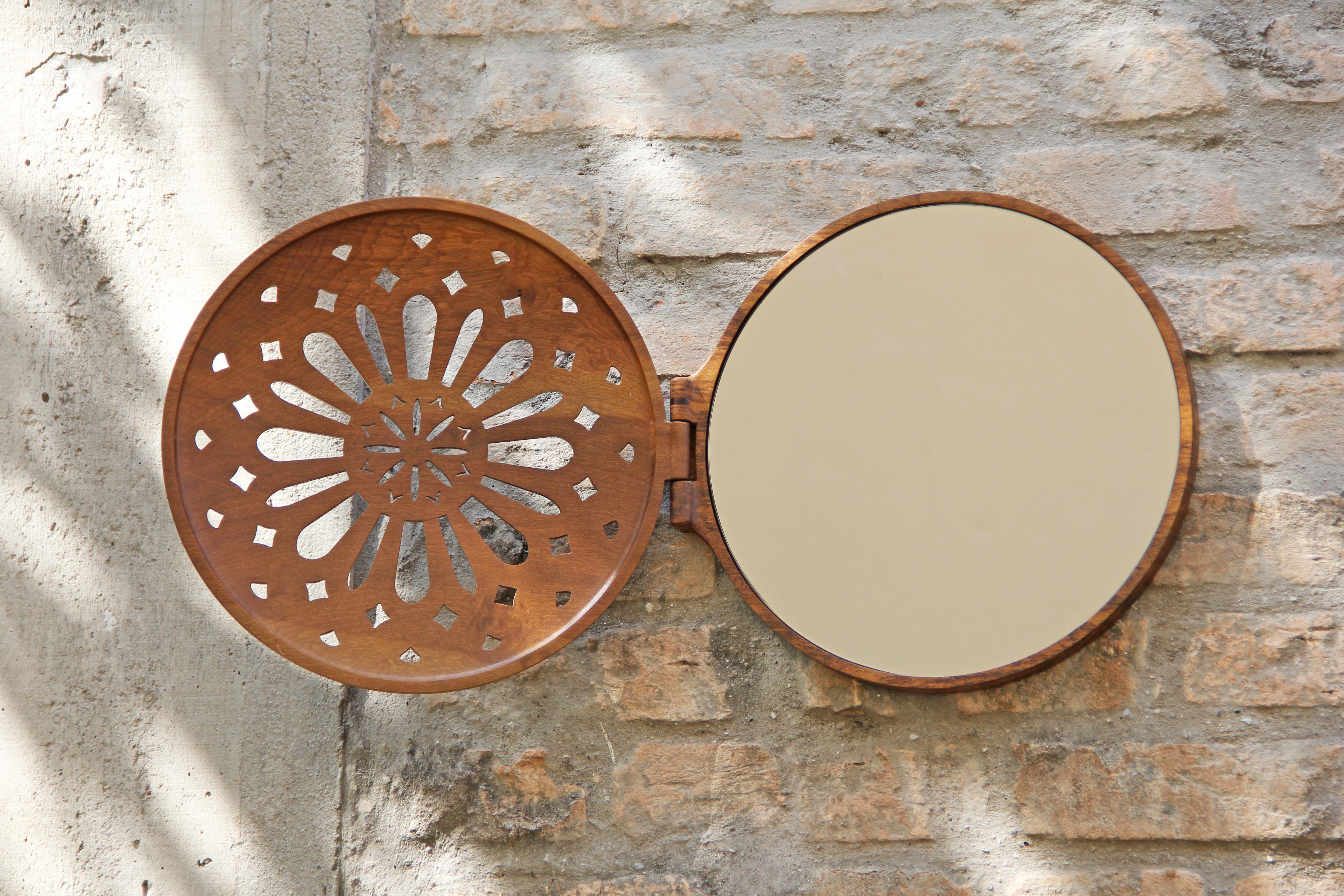 Brazilian Reliquary Mirror: made in Brazil with imbuia wood and bronze mirror For Sale