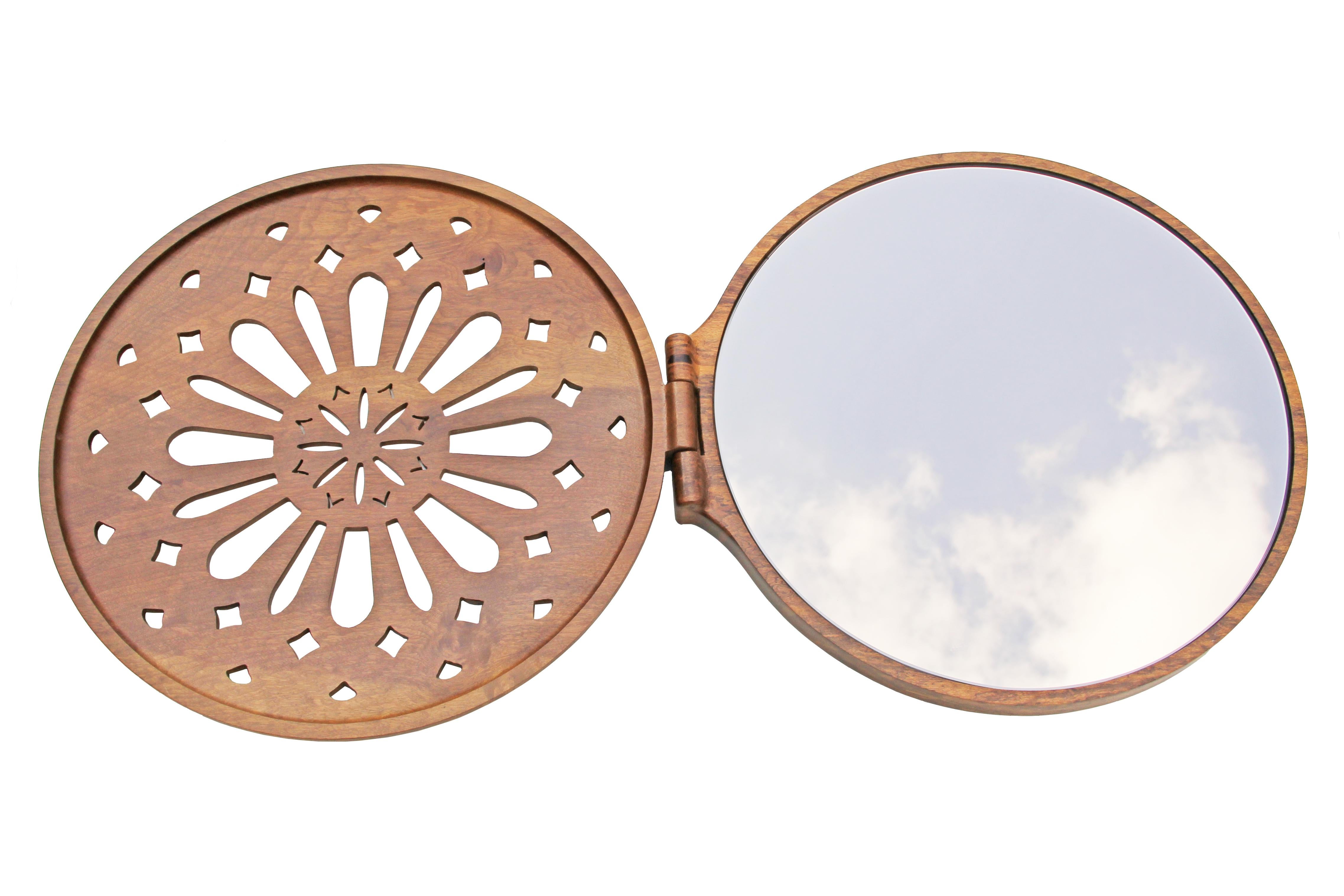 Wood Reliquary Mirror: made in Brazil with imbuia wood and bronze mirror For Sale