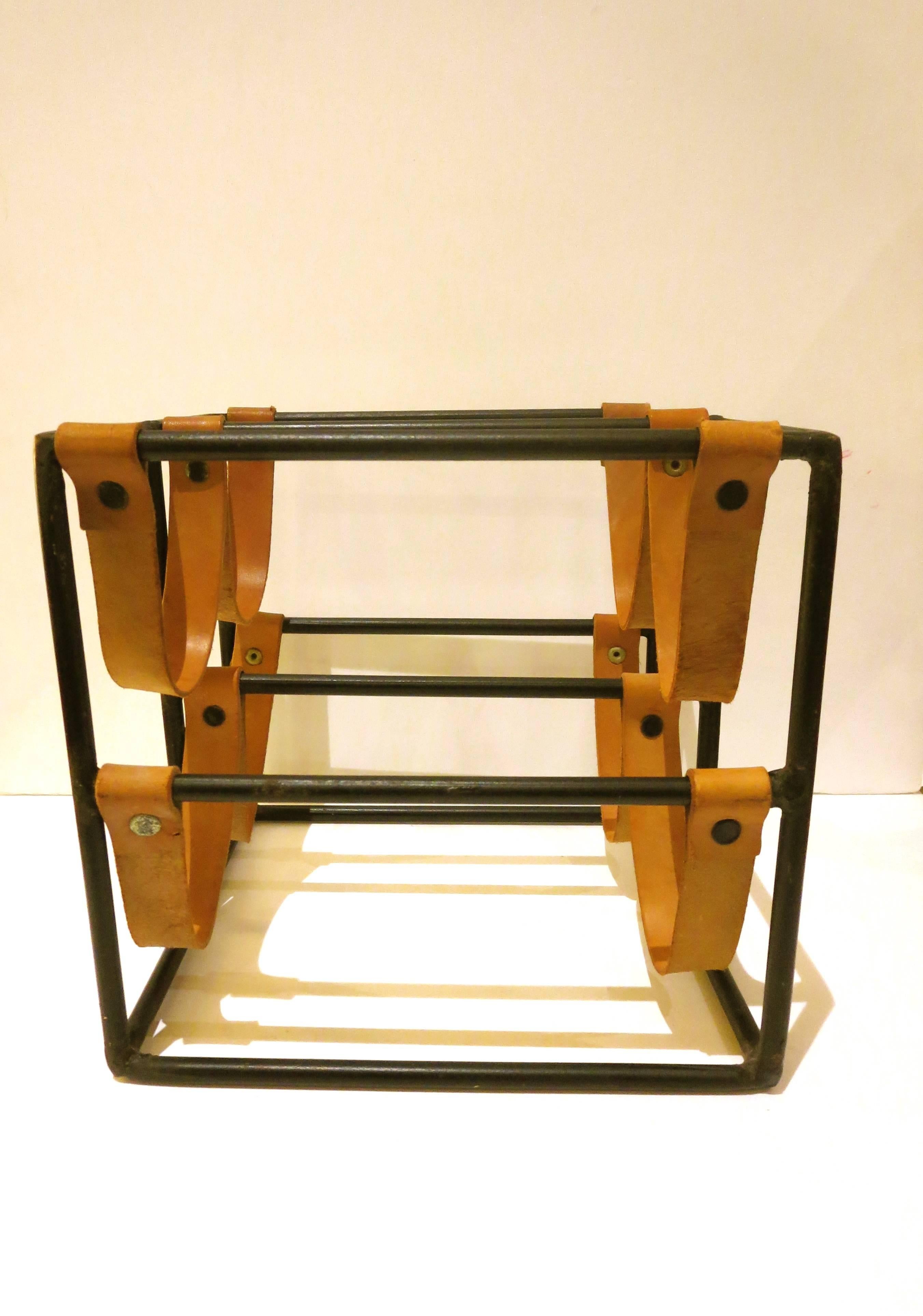 Mid-Century Modern Solid Iron and Leather Four Bottle Capacity Wine Rack by Arthur Umanoff