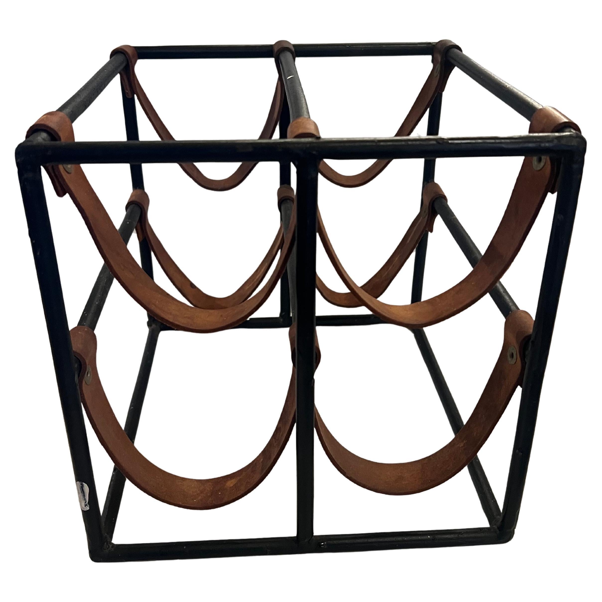 Mid-Century Modern Solid Iron and Leather Four Bottle Capacity Wine Rack by Arthur Umanoff