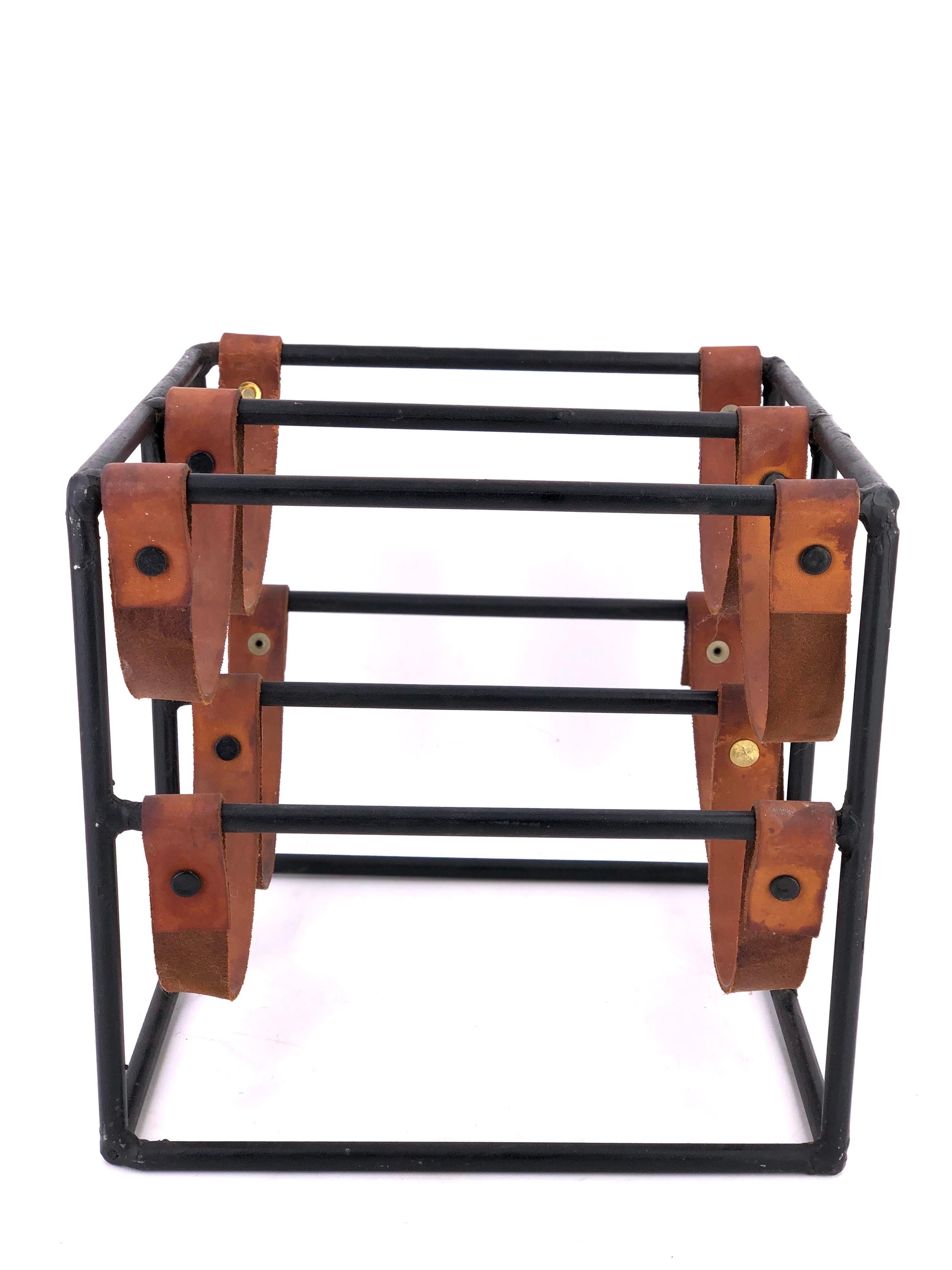 American Solid Iron and Leather Four Bottle Capacity Wine Rack by Arthur Umanoff