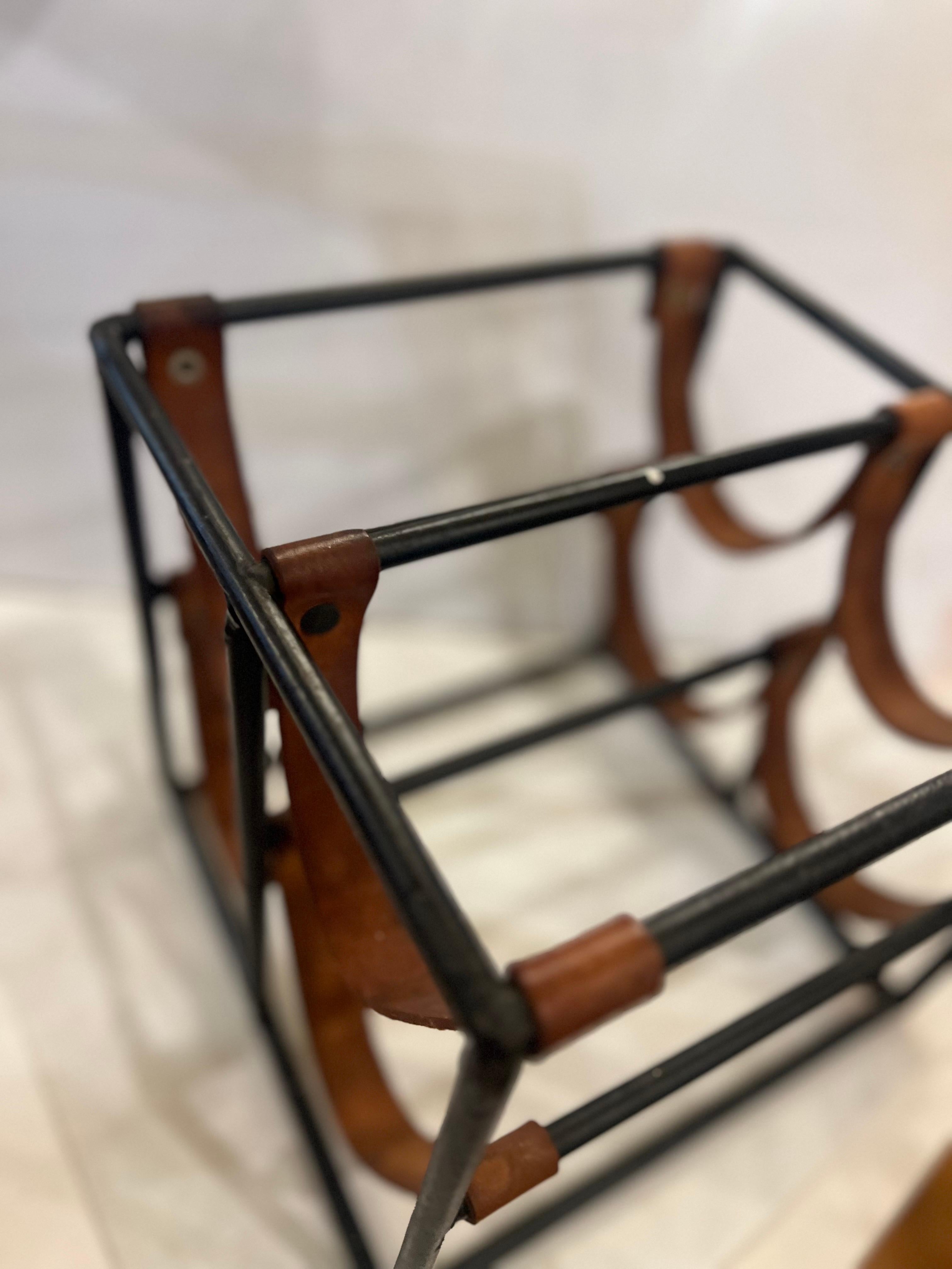 American Solid Iron and Leather Four Bottle Capacity Wine Rack by Arthur Umanoff