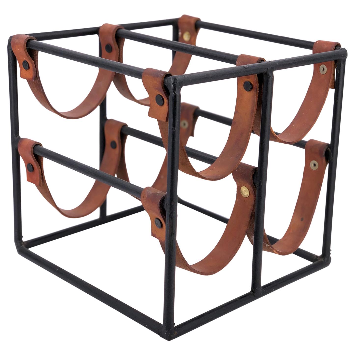 Solid Iron and Leather Four Bottle Capacity Wine Rack by Arthur Umanoff