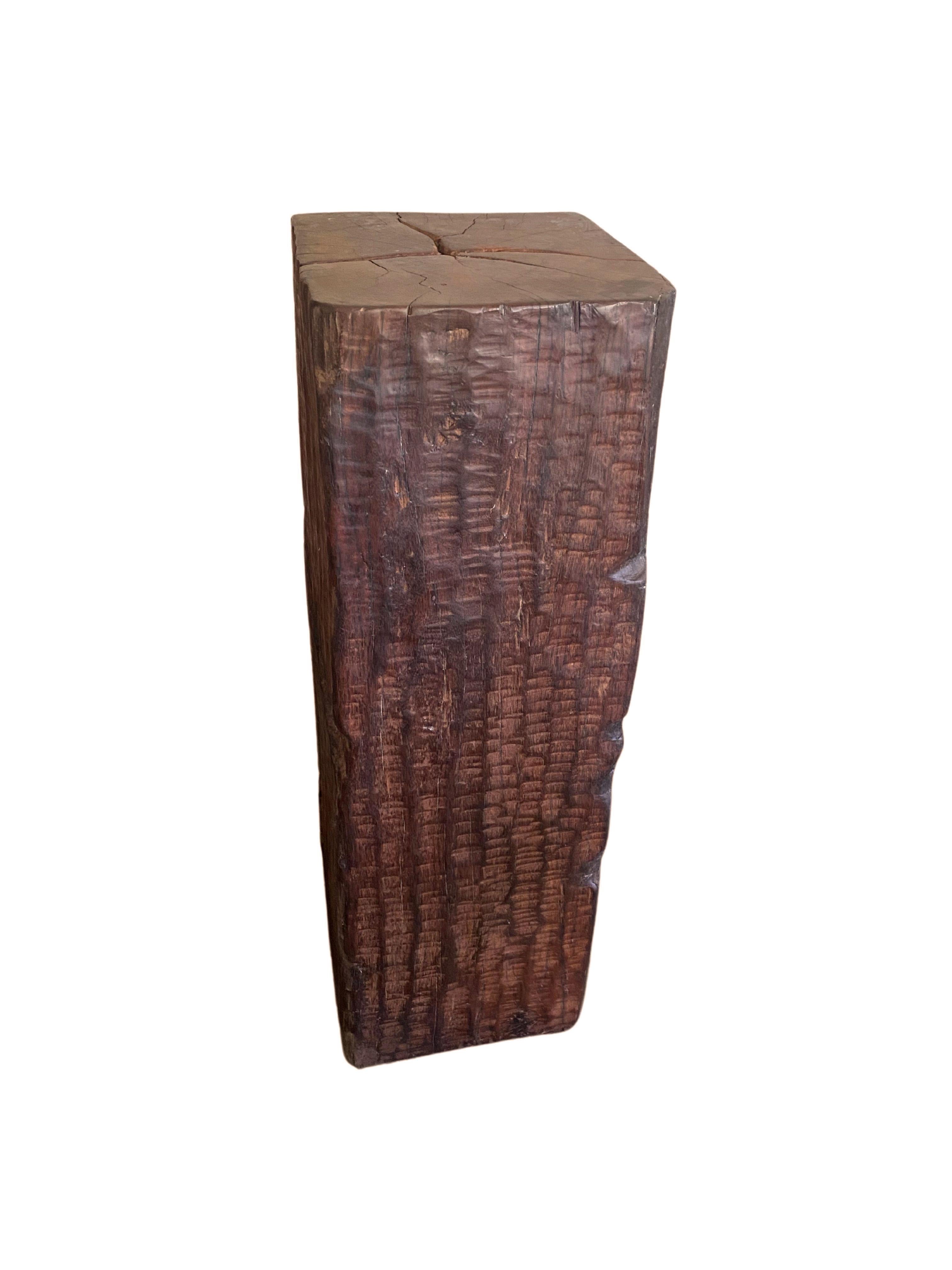 Organic Modern Solid Iron Wood Pedestal with Stunning Wood Texture For Sale