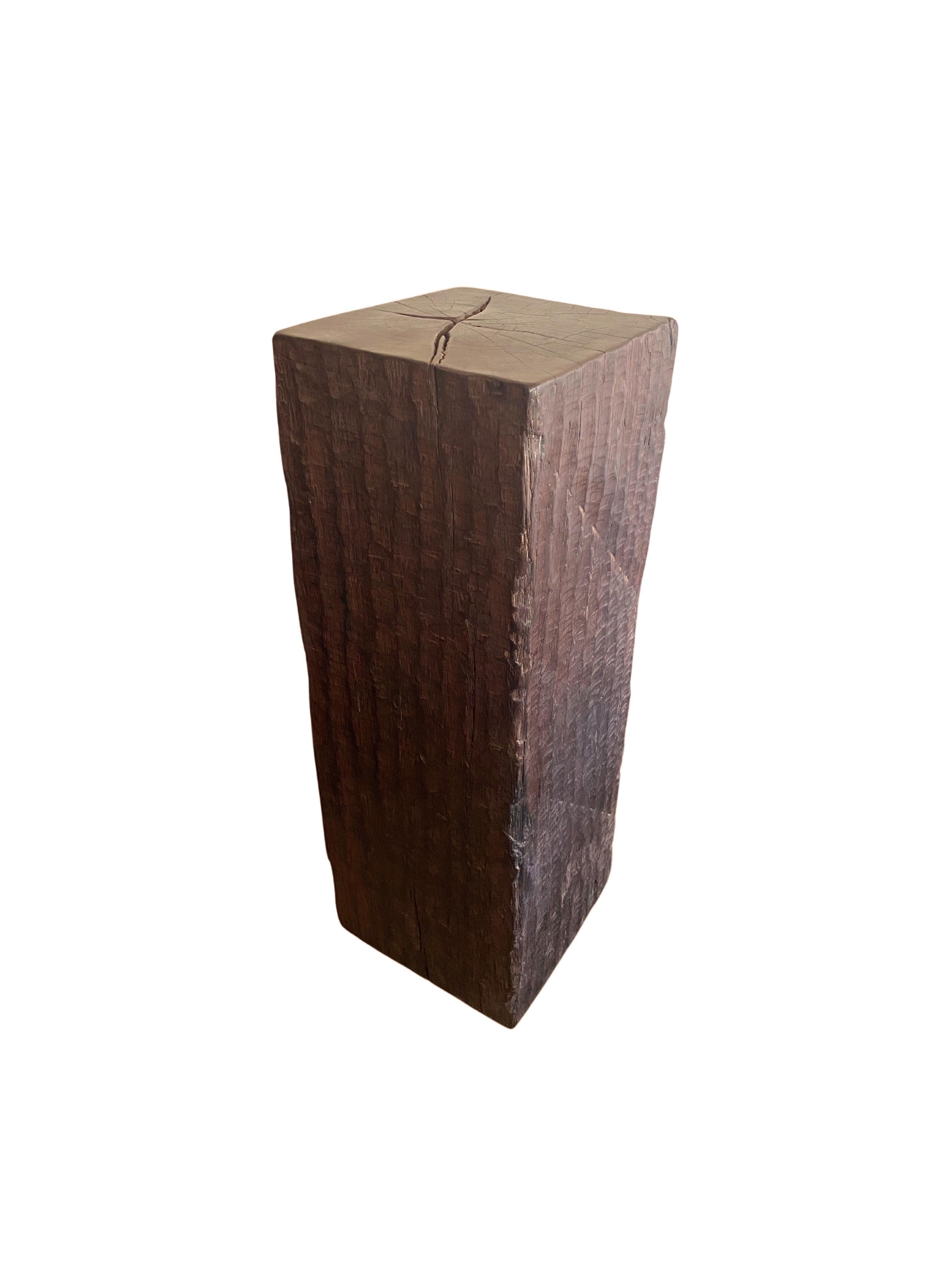 Organic Modern Solid Iron Wood Pedestal with Stunning Wood Texture For Sale