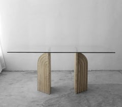 Solid Italian Architectural Travertine Double Pedestal Dining Table