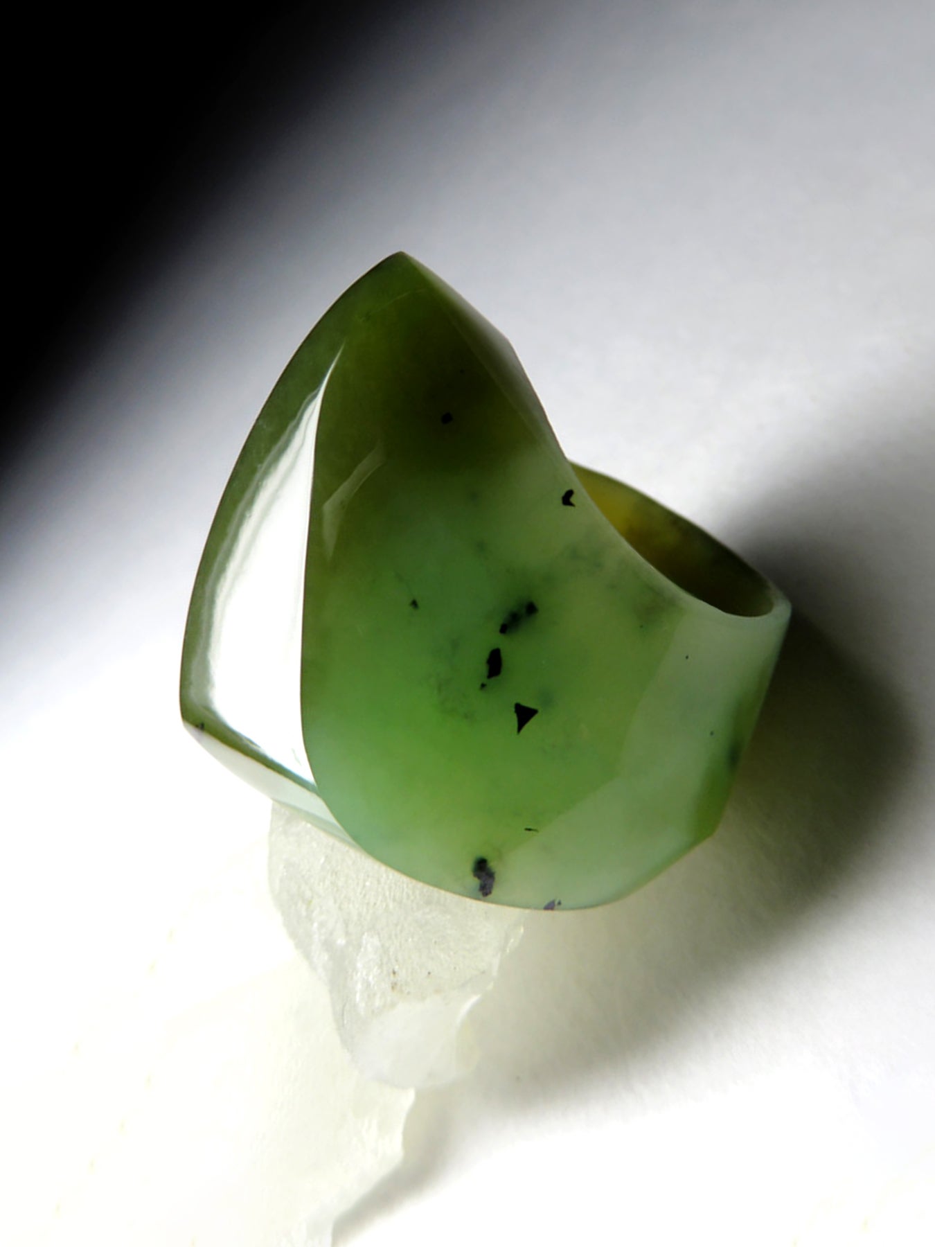 Large statement polychrome Green Jade Ring ring carved by hand with edges 
shank width from 0.55 to 0.79 in/ from 14 to 20 mm
ring size - 8.5 US, ø 18.5 mm, 58.5 
total ring weight - 13.5 grams