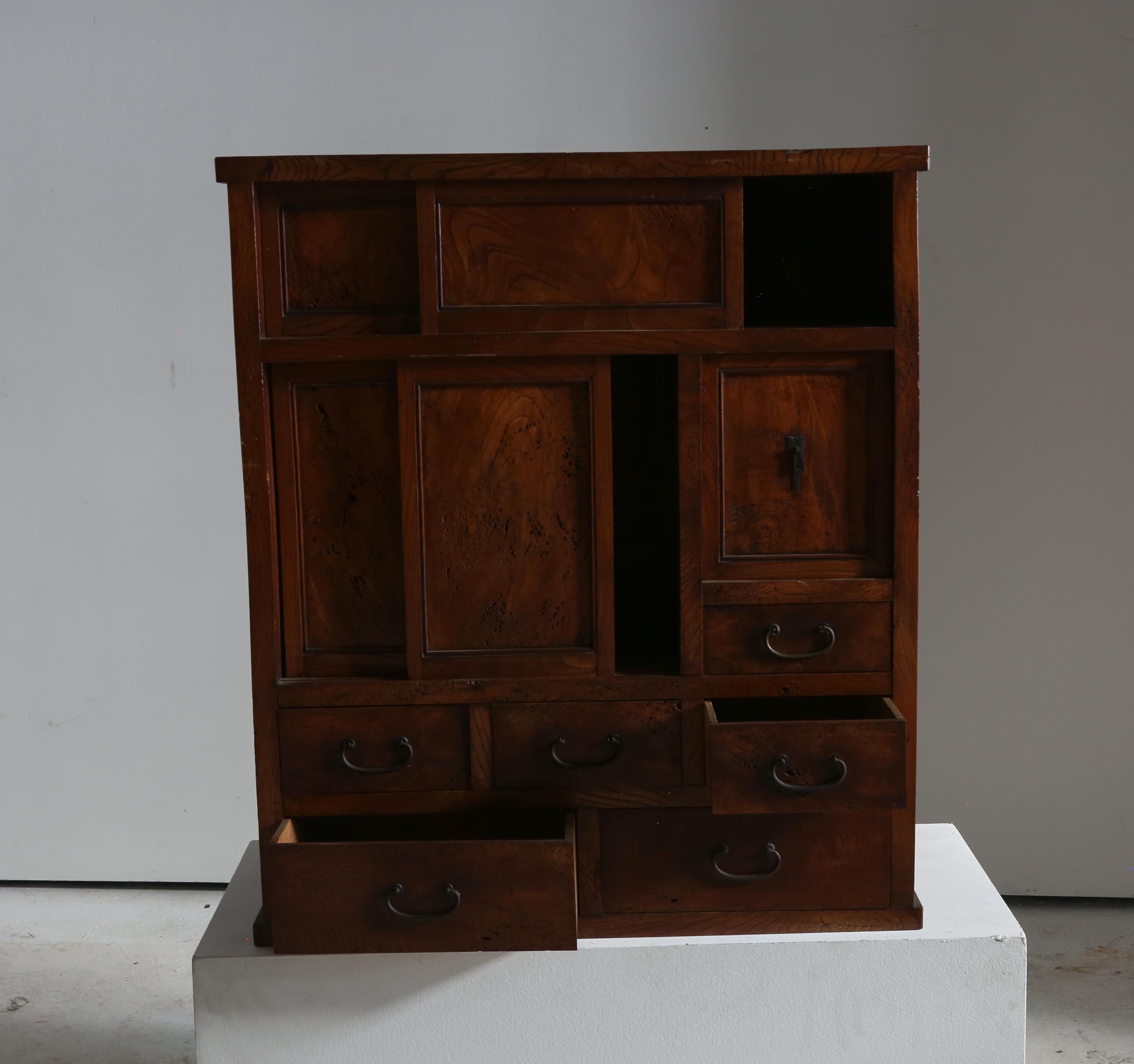 Early 20th Century Solid Japanese Elm Burlwood Tansu / Cabinet For Sale