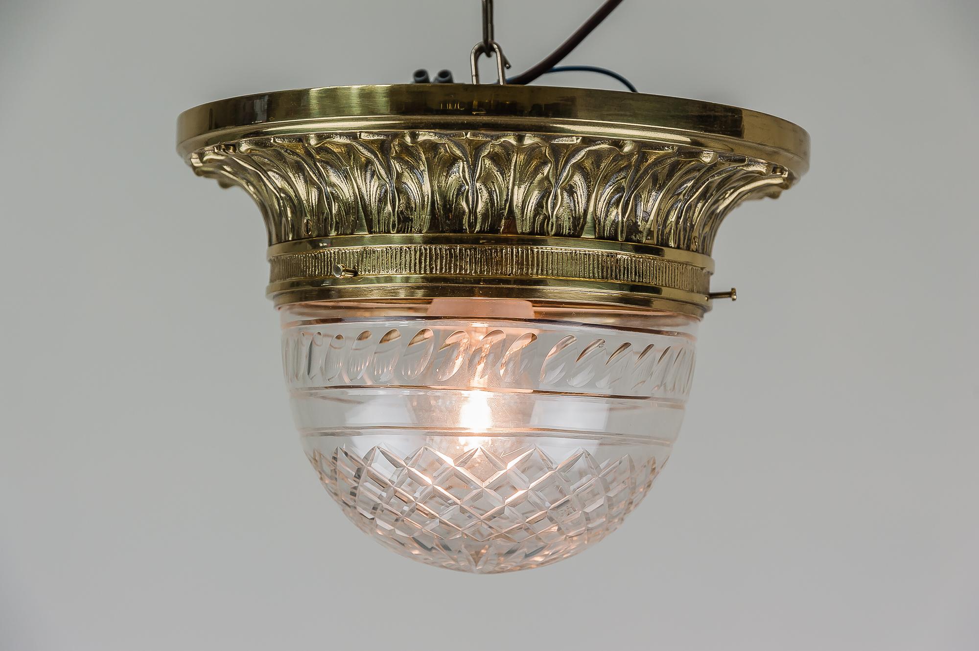 Brass Solid Jugendstil Ceiling Lamp with Original Cut-Glass