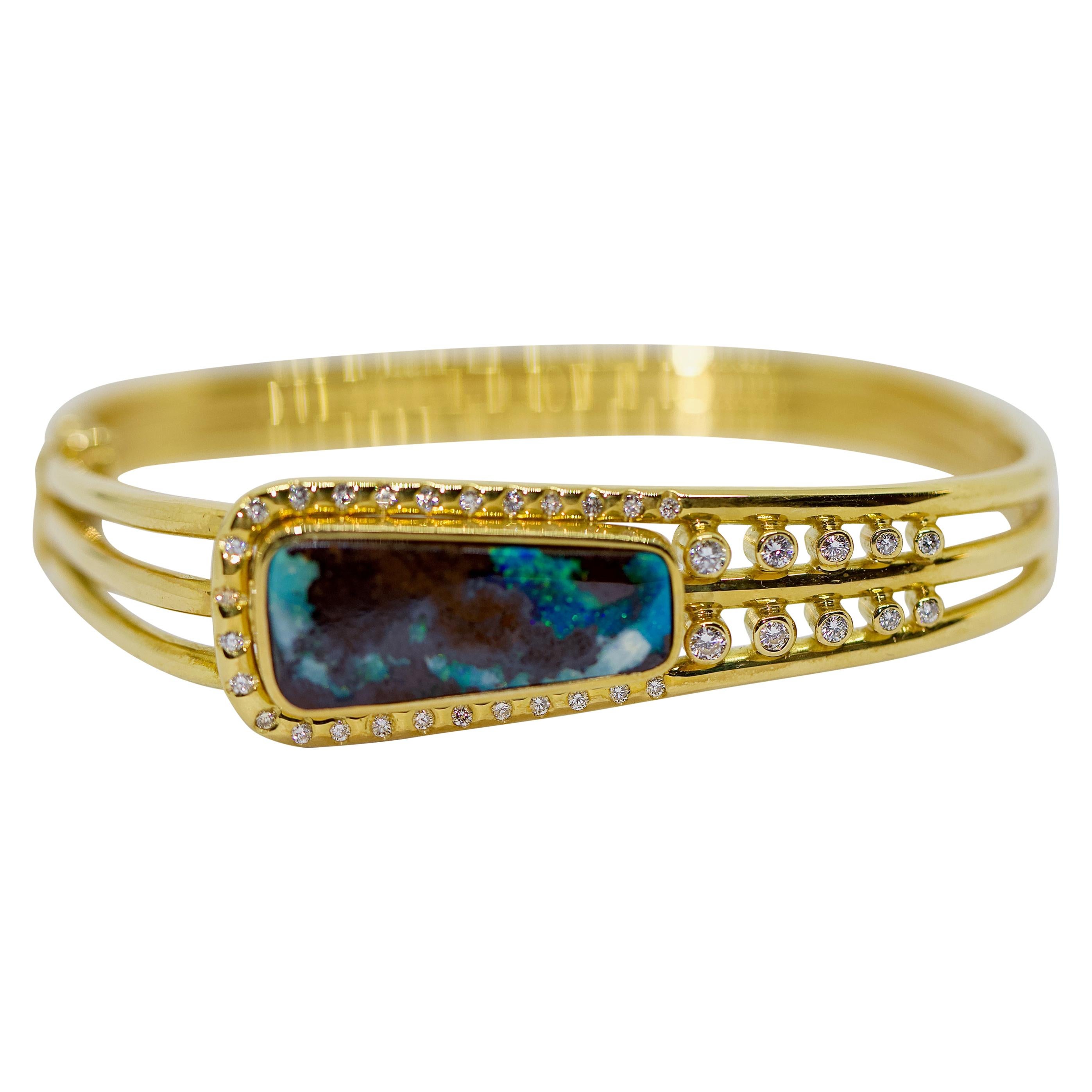 Solid Ladies Bangle, 18 Karat Gold, with Large Opal and Diamonds For Sale