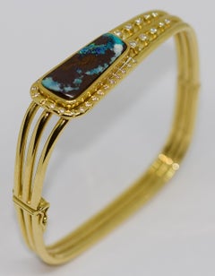 Solid Ladies Bangle, 18 Karat Gold, with Large Opal and Diamonds