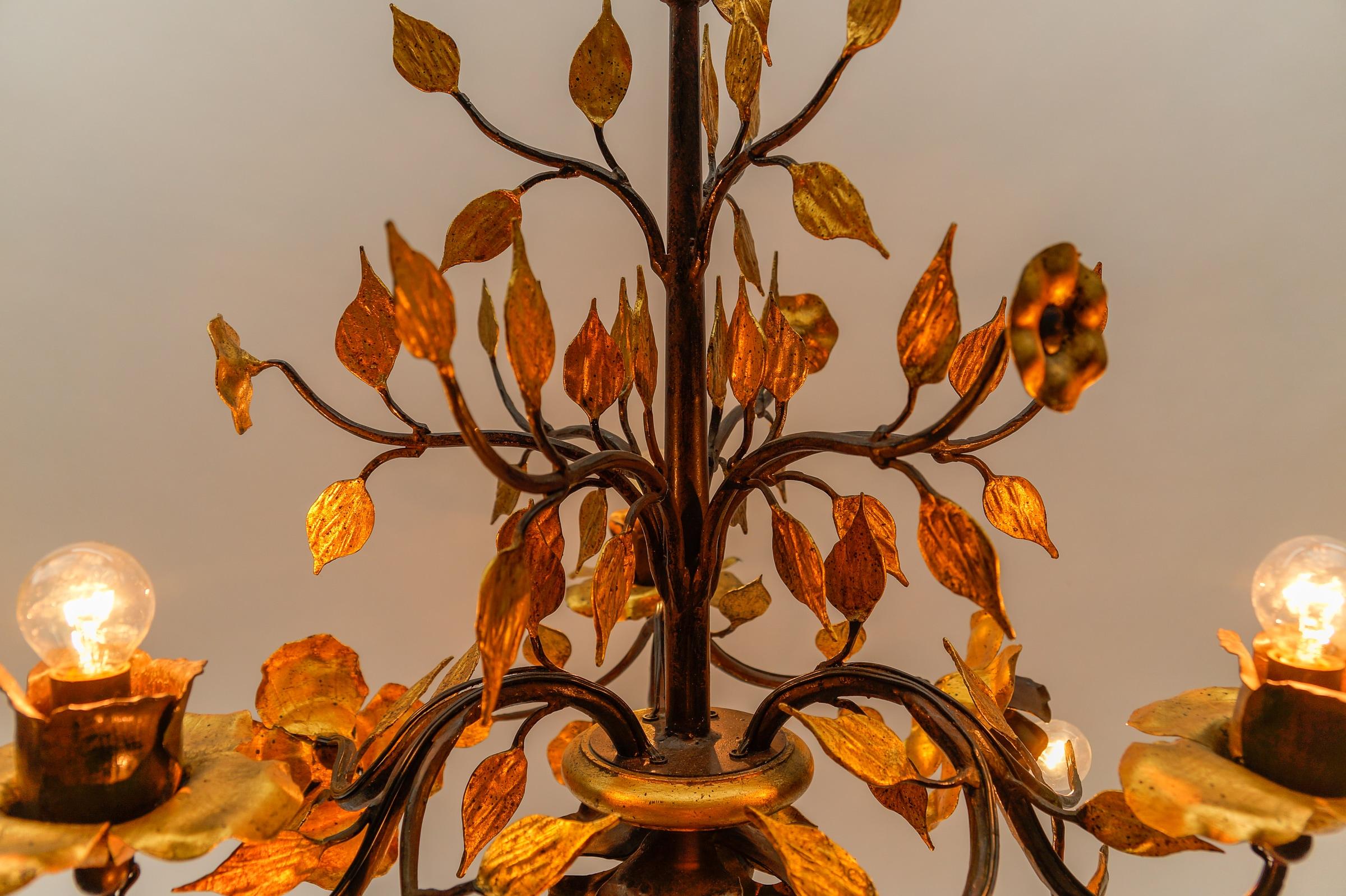 Solid Large Wrought Iron Gold Leaf Hanging Lamp, 1970s France For Sale 4