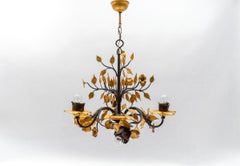 Solid Large Wrought Iron Gold Leaf Hanging Lamp, 1970s France