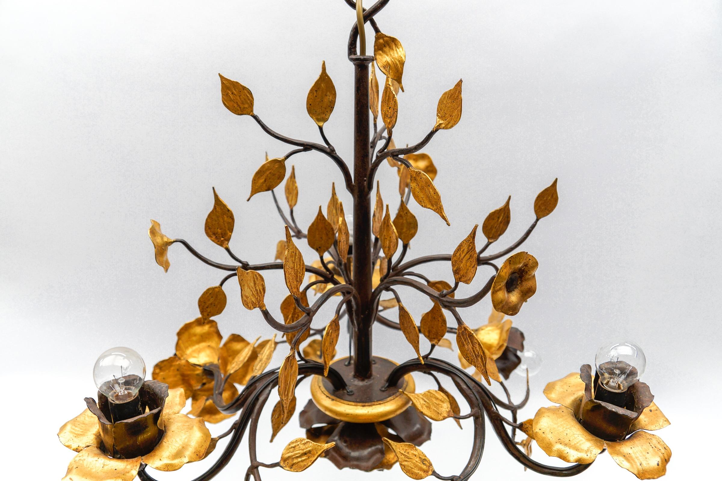 French Solid Large Wrought Iron Gold Leaf Hanging Lamp, 1970s France For Sale