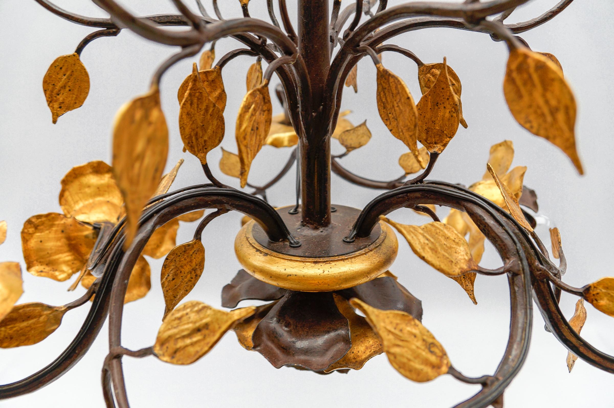 Solid Large Wrought Iron Gold Leaf Hanging Lamp, 1970s France For Sale 1