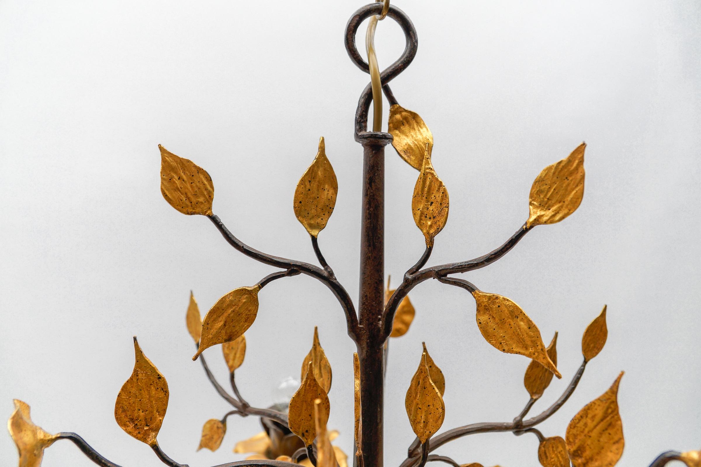 Solid Large Wrought Iron Gold Leaf Hanging Lamp, 1970s France For Sale 2