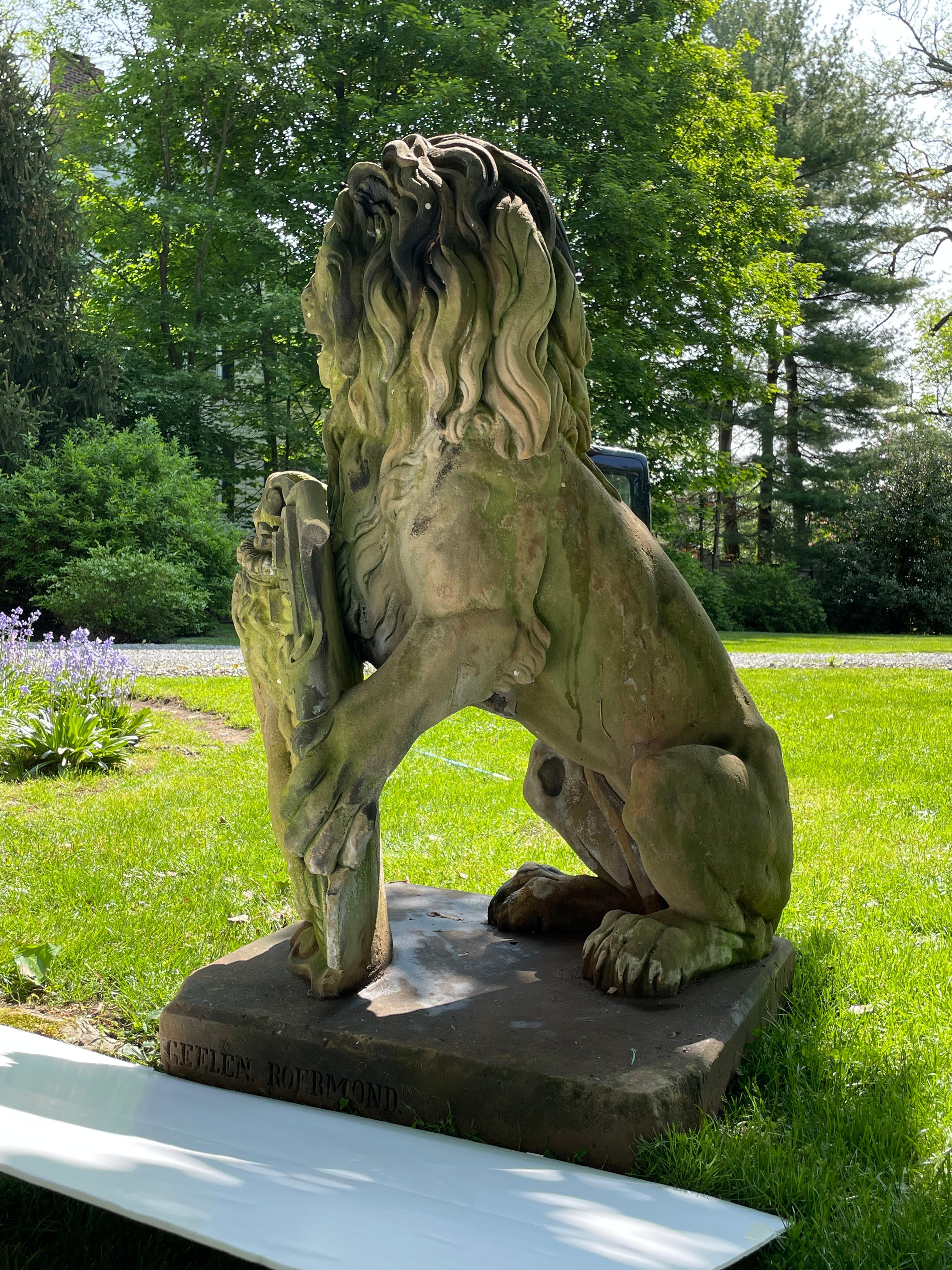 Dutch Colonial Solid Limestone Lion with Shield Crest by Jean Geelen Roermond For Sale