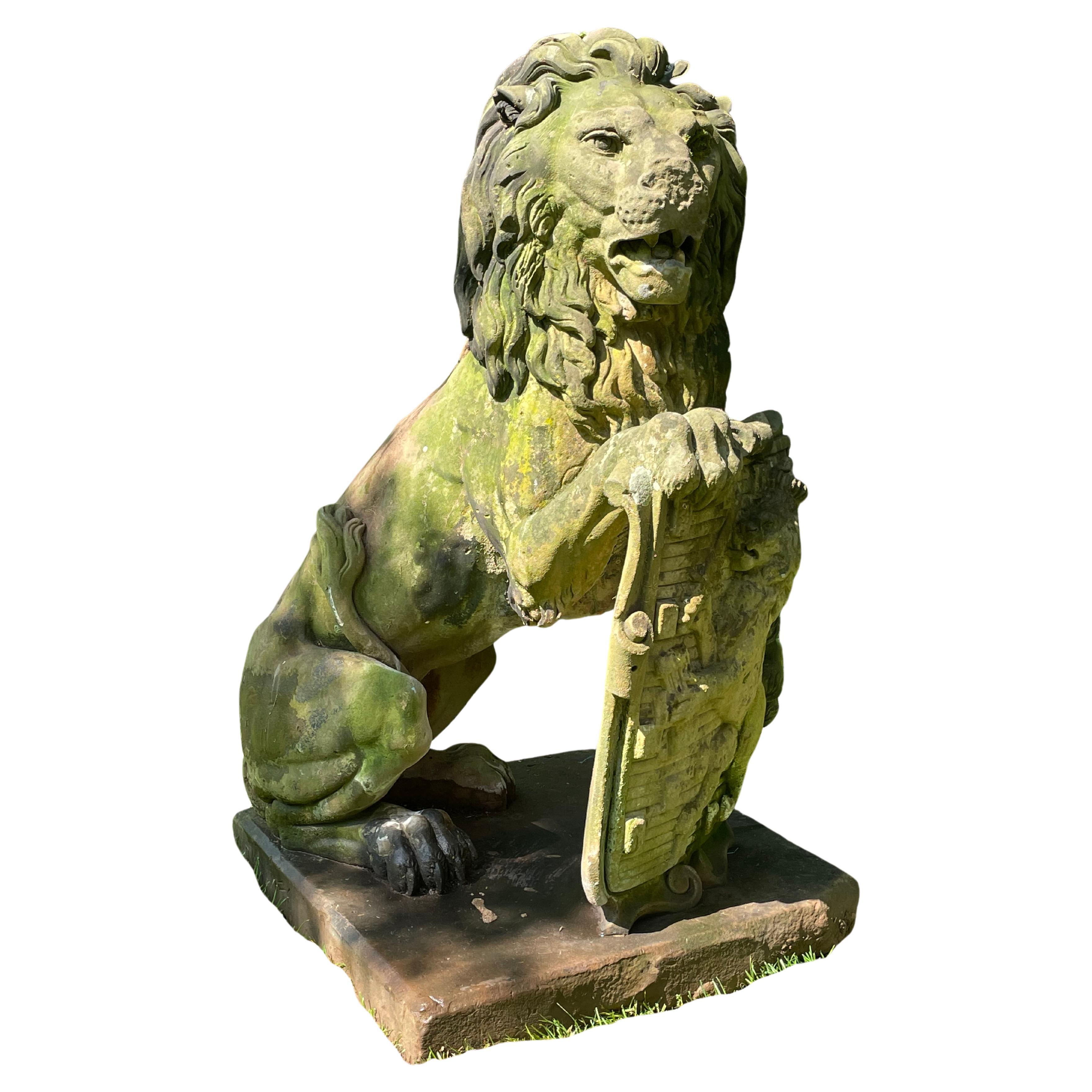 Solid Limestone Lion with Shield Crest by Jean Geelen Roermond For Sale