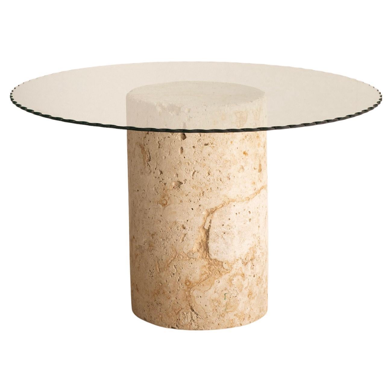 Solid Limestone Monolith Dining Table with Scalloped Edge Glass Top