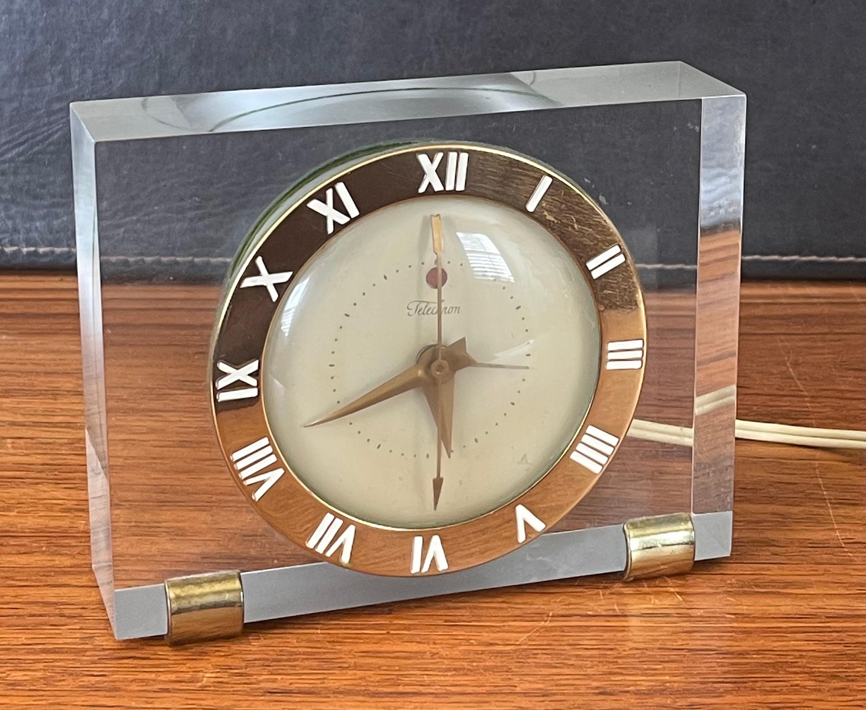 Solid Lucite & Brass Electric Desk / Mantel Clock by Telechron For Sale 3