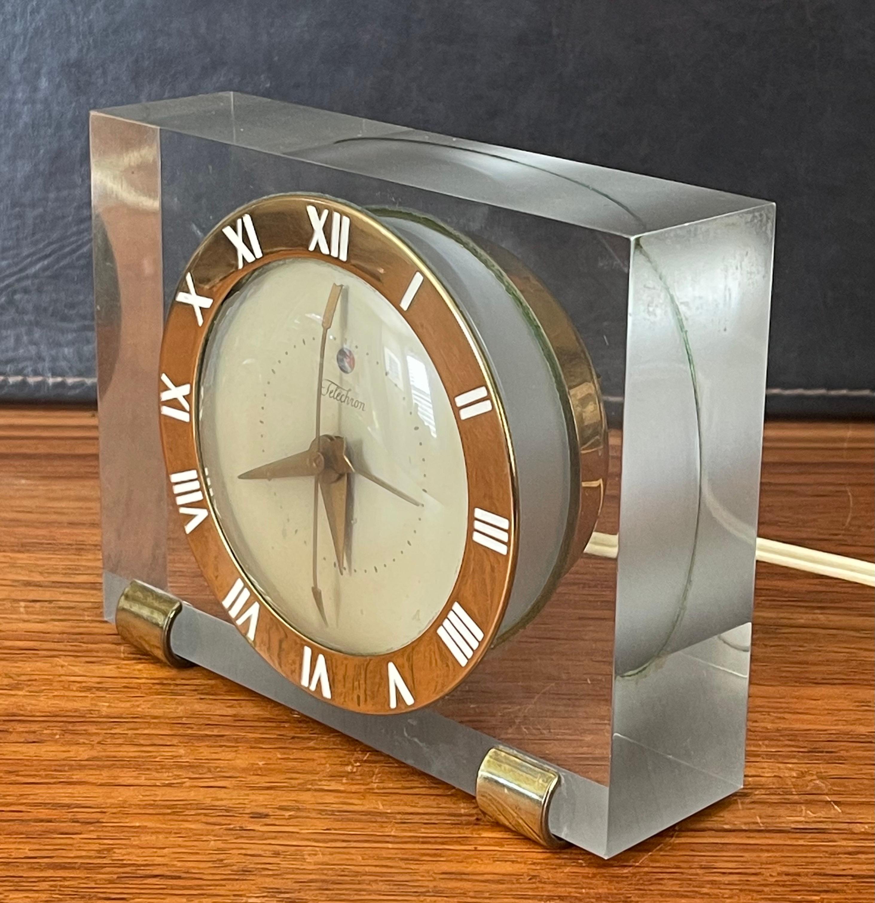 Post-Modern Solid Lucite & Brass Electric Desk / Mantel Clock by Telechron For Sale