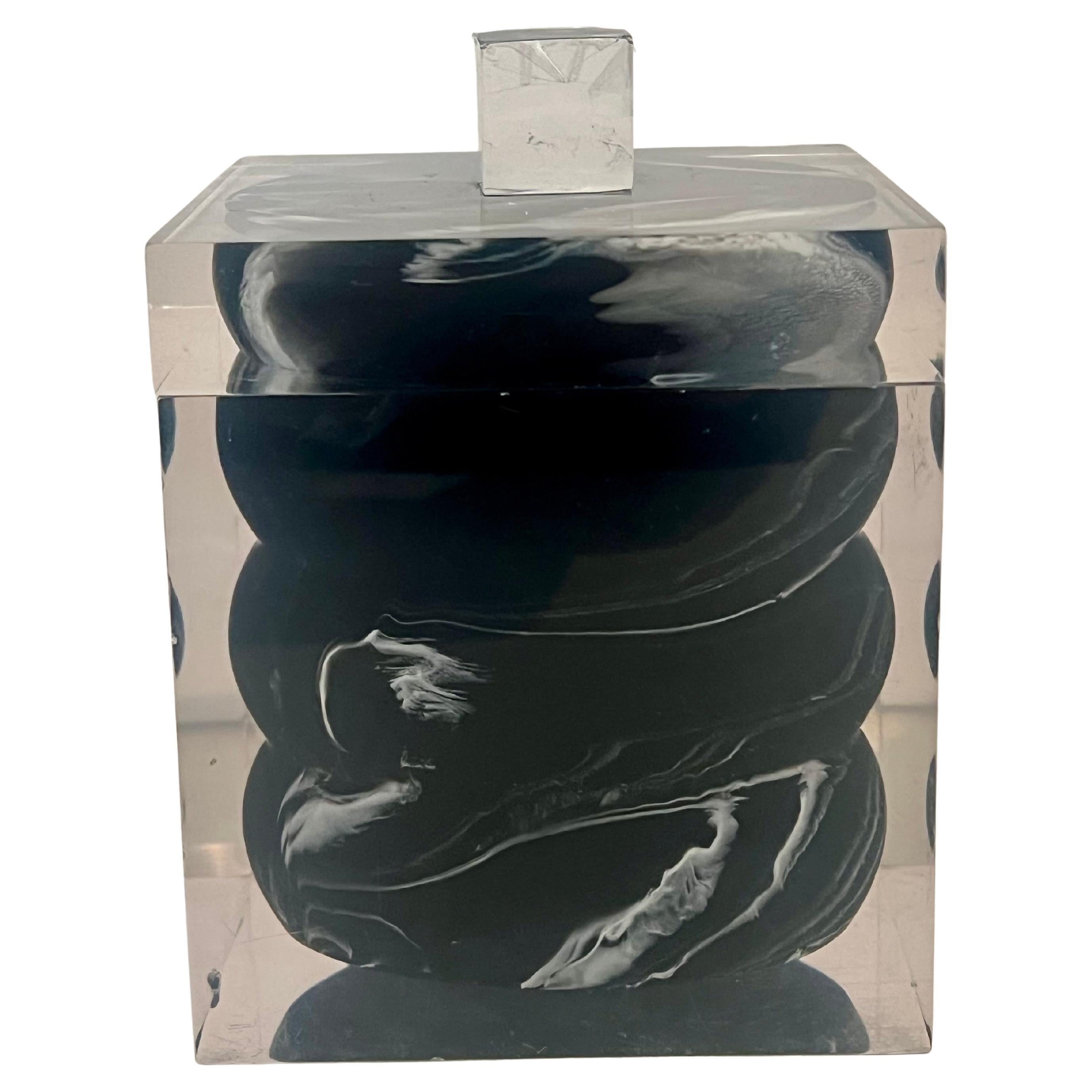 Postmoderno Solid Lucite trinket Box with Marbelized Interior Postmodern Italy