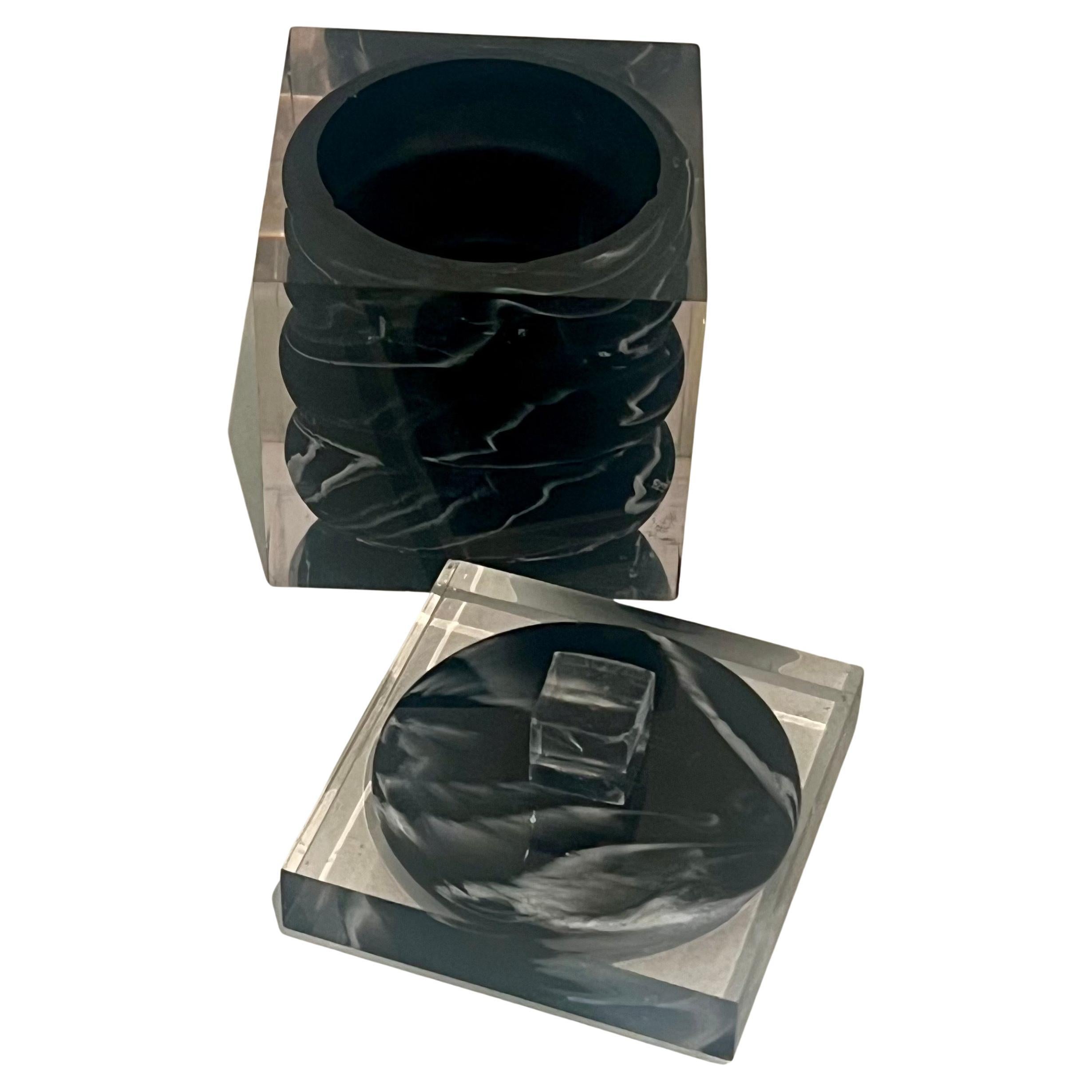 Italiano Solid Lucite trinket Box with Marbelized Interior Postmodern Italy