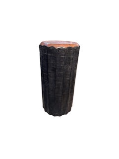 Solid Lychee Wood Side Table Stunning Textures, Ribbed Detailing Modern Organic