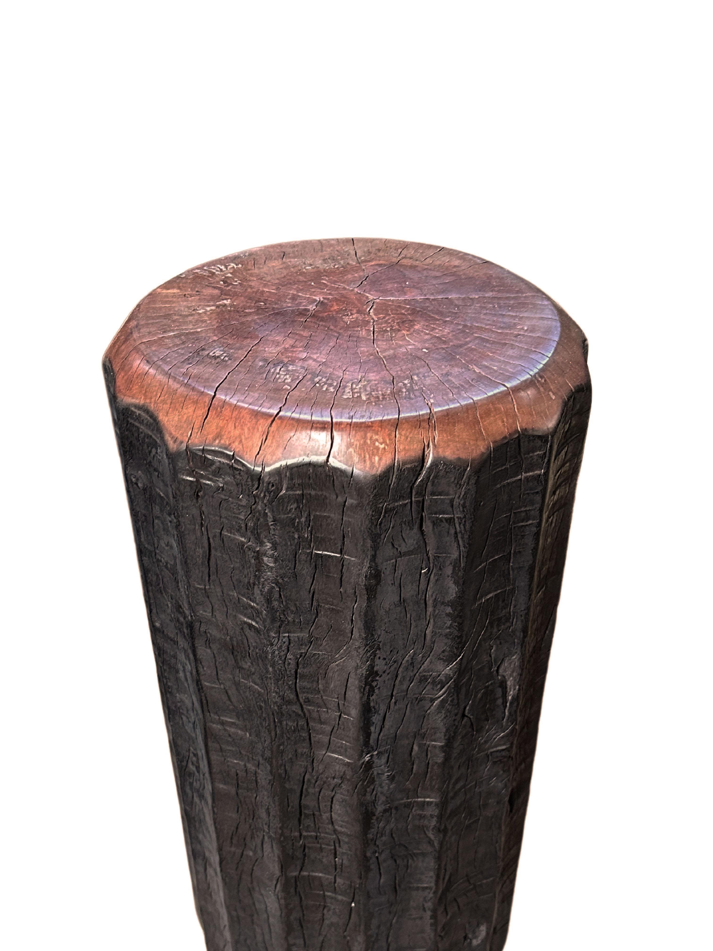Organic Modern Solid Lychee Wood Side Table Stunning Textures, Ribbed Detailing Modern Organic For Sale