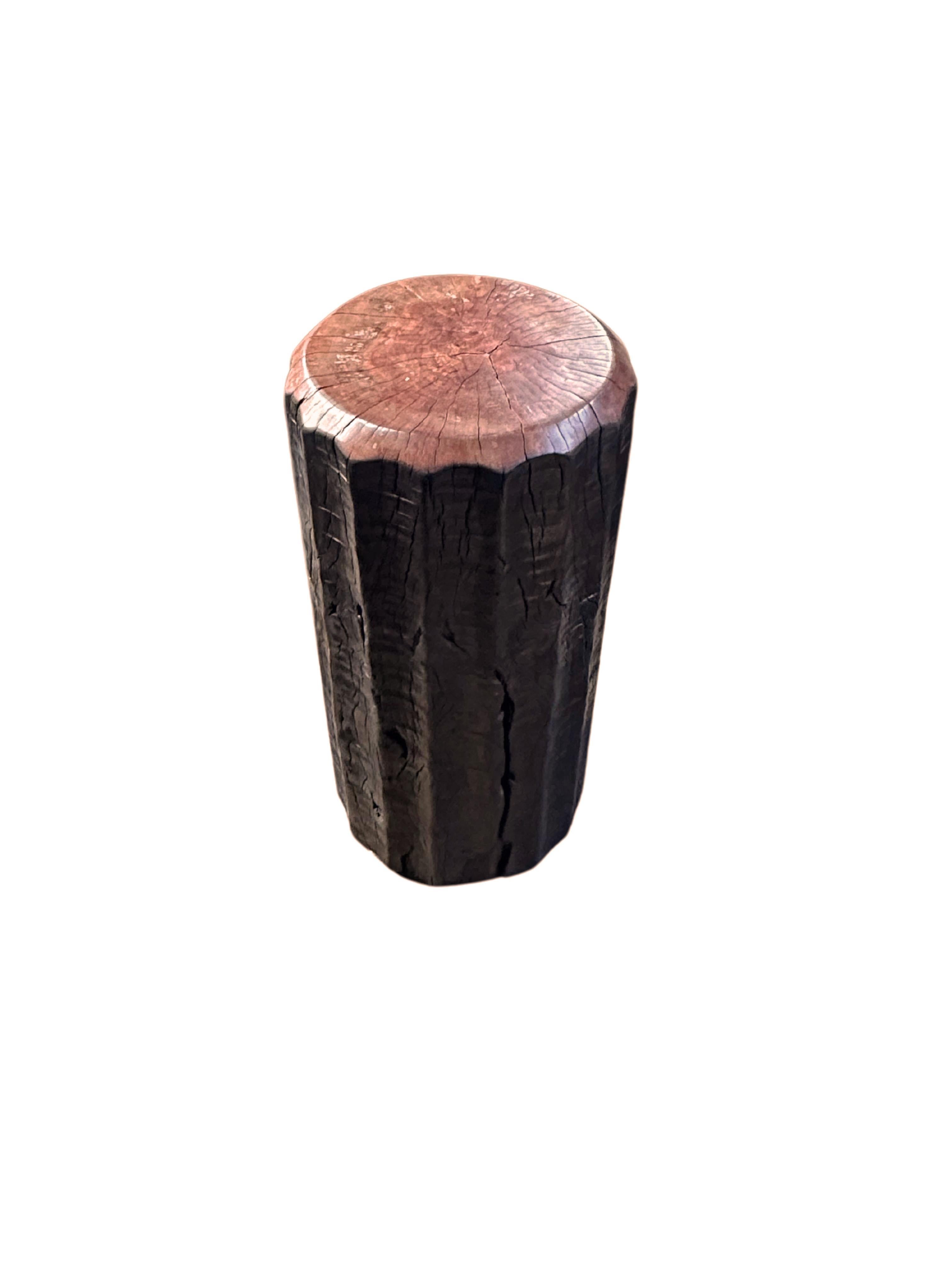 Organic Modern Solid Lychee Wood Side Table Stunning Textures, Ribbed Detailing Modern Organic For Sale