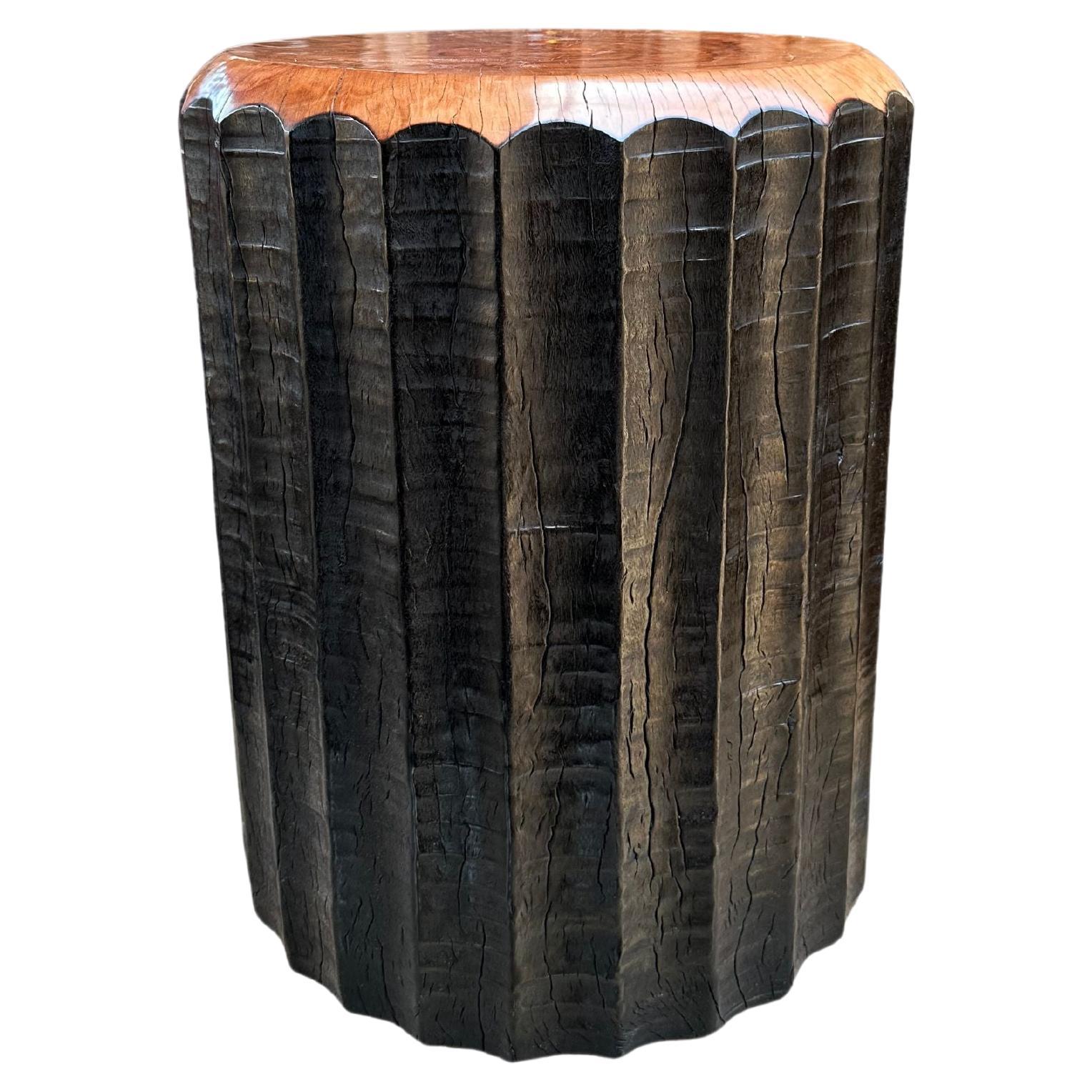 Solid Lychee Wood Side Table Stunning Textures, Ribbed Detailing Modern Organic