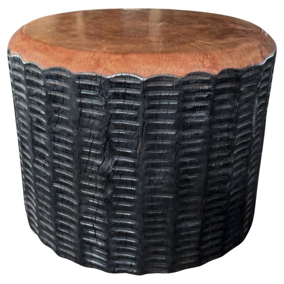 Solid Lychee Wood Side Table Stunning Textures, Ribbed Detailing Modern Organic