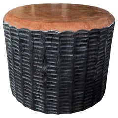 Solid Lychee Wood Side Table Stunning Textures, Ribbed Detailing Modern Organic
