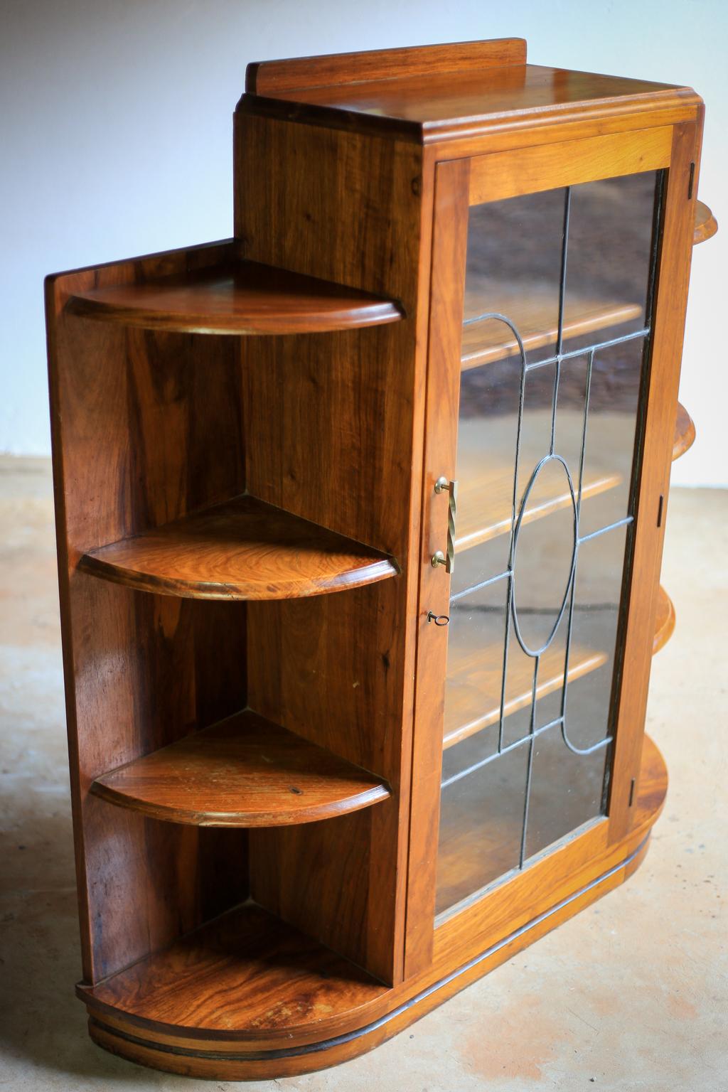 South African Solid Mahogany and Lead Glass Art Deco Book Case and Display Cabinet For Sale